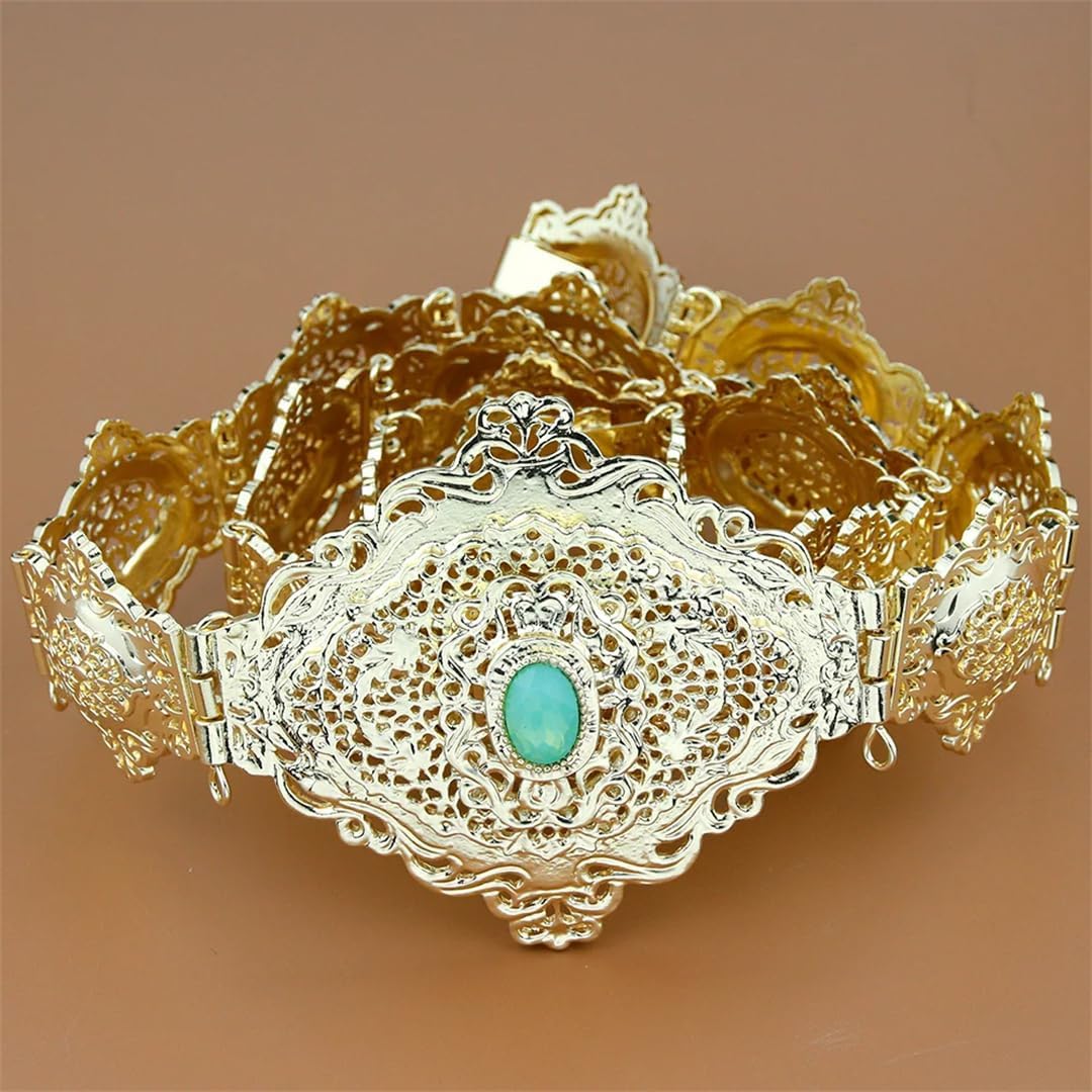 Women’S Gold Morocco Caftan Belt With EN8 Crystal Adjustable Metal Waist Chain For Arabic Bride