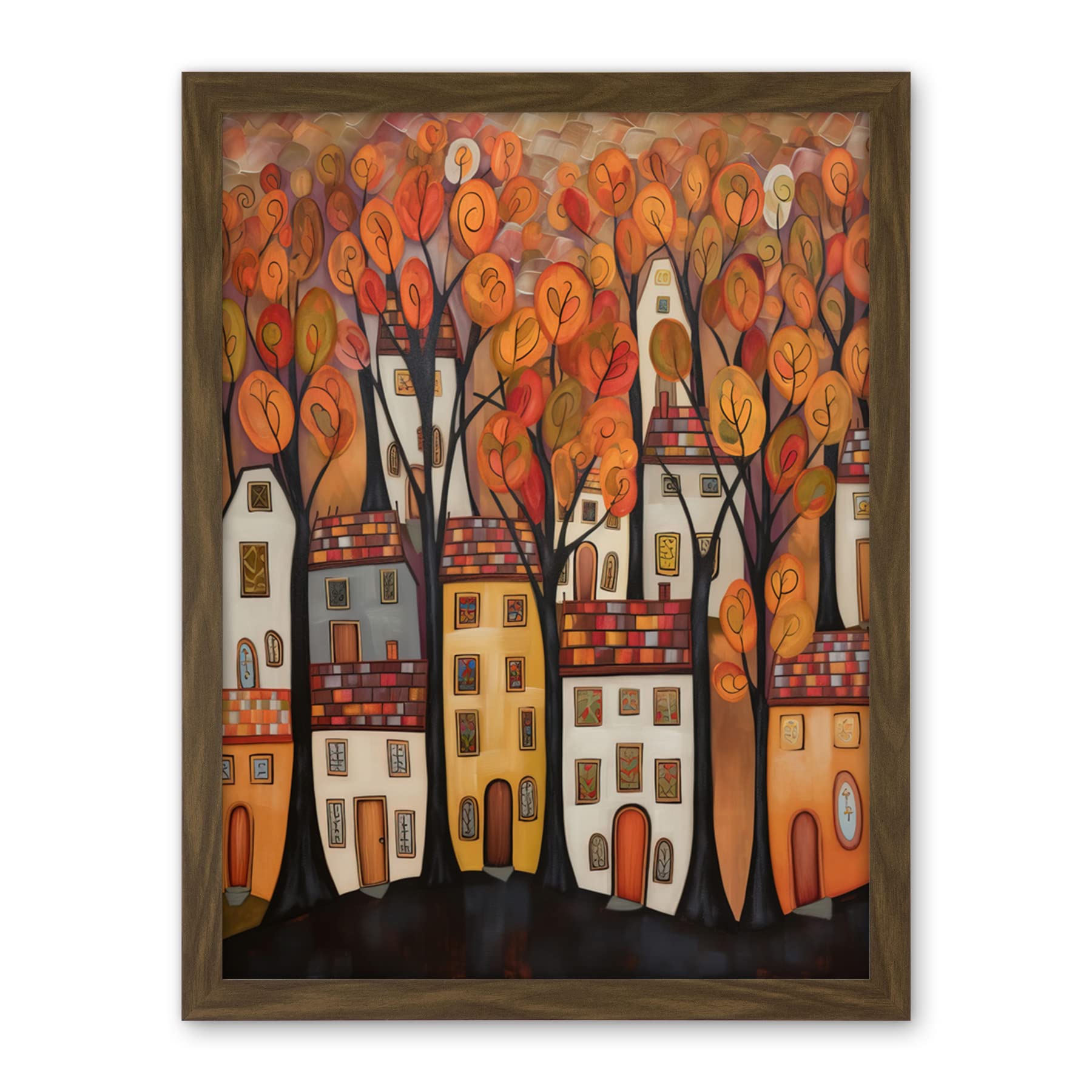 Artery8 Cityscape With Trees In Autumn Contemporary Folk Art Painting Artwork Framed Wall Art Print 18X24 Inch