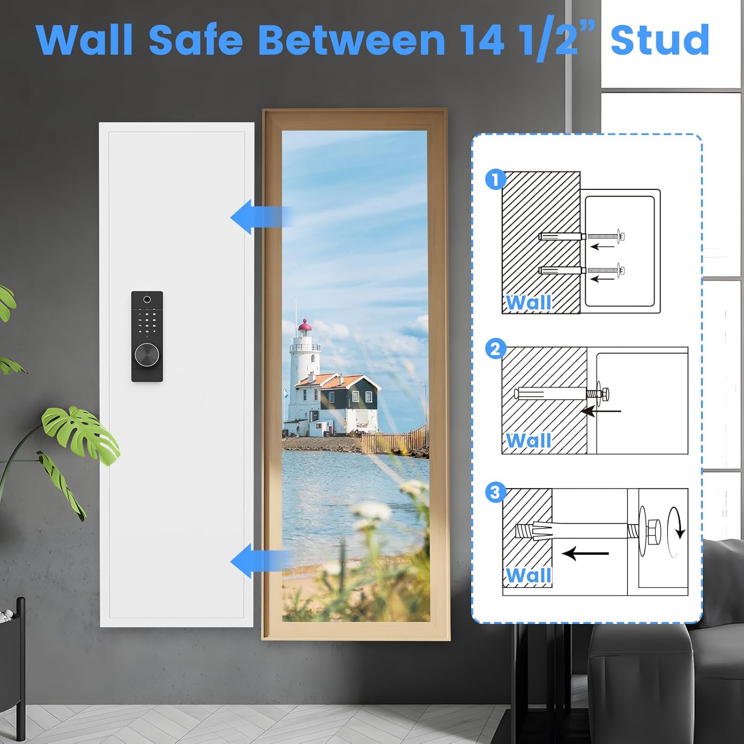 Diagram illustrating the three steps for installing the wall safe between studs using expansion screws.