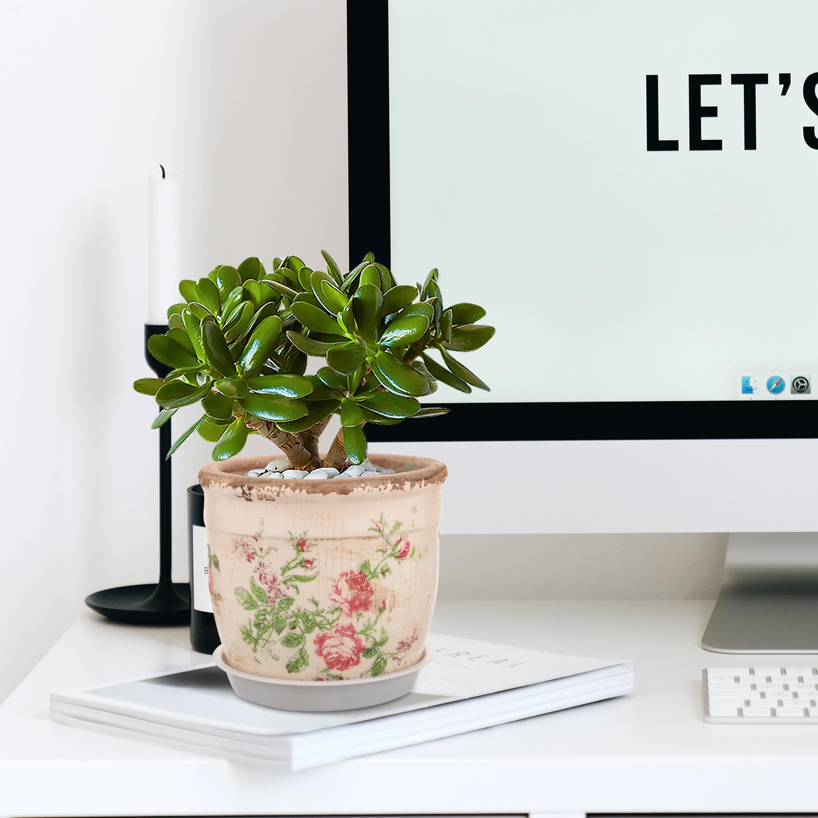 RORPOIR Ceramic Planter Pot with Retro Rose Pattern Indoor Outdoor Succulent Bowl Planter with Drainage Saucer Small Garden Plant Pot for Desk and Windowsill Decoration - Image 4