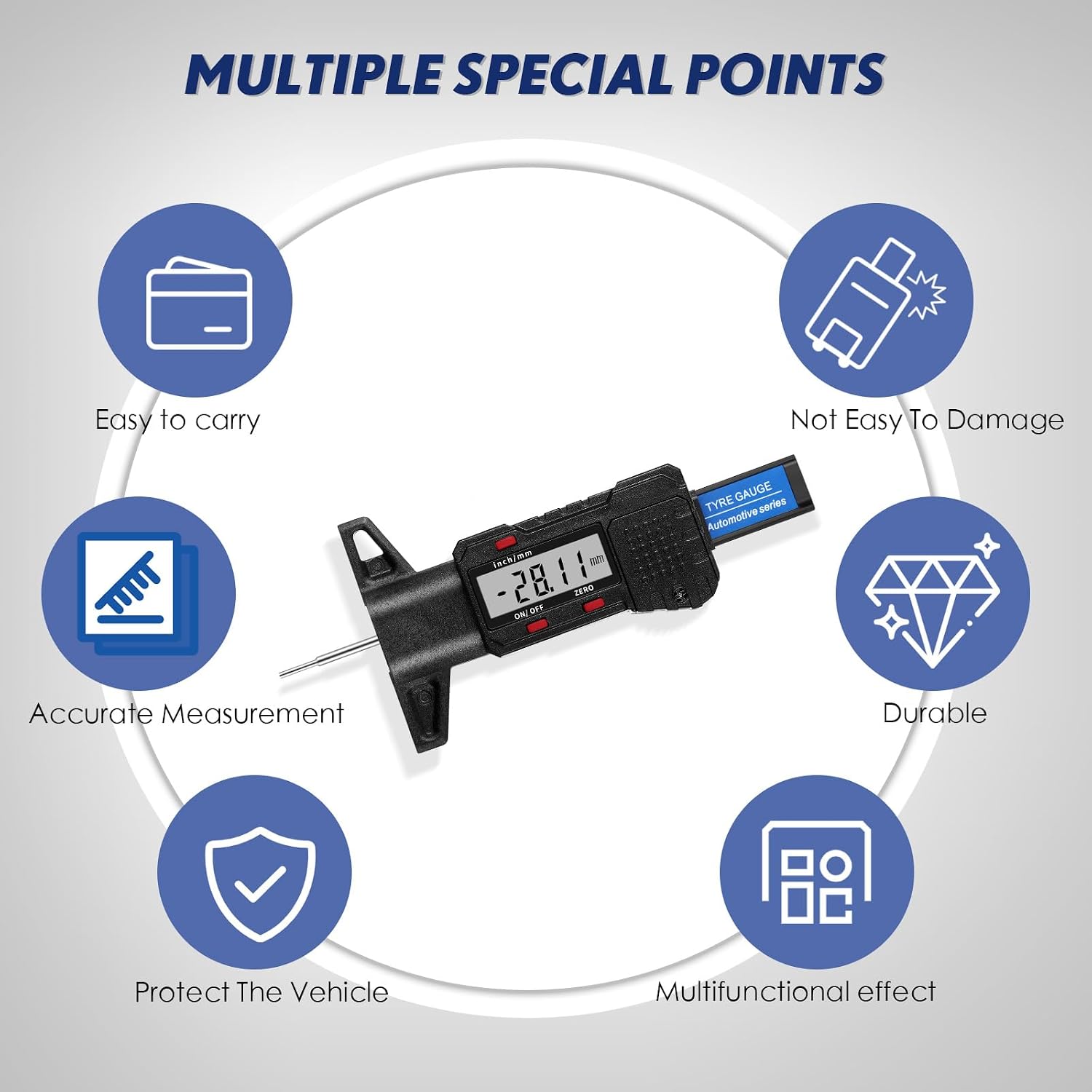 Tallew Digital Tire Tread Depth Gauge, 0-25.4mm Range, LCD Display Tool