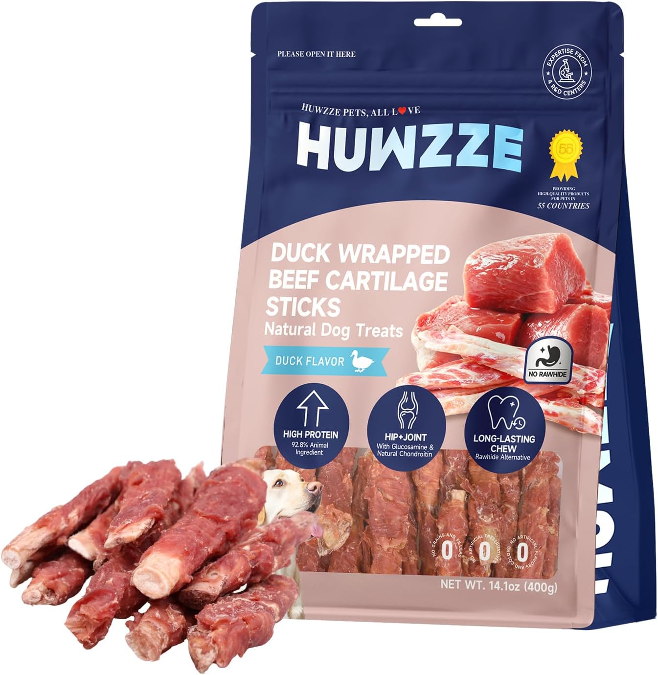 14.1 oz Duck Wrapped Beef Cartilage Sticks for Dogs, Rawhide Free Dog Training Treats, High Protein Chews, Long-Lasting Chew Sticks with Glucosamine & Natural Chondroitin for Joint Support