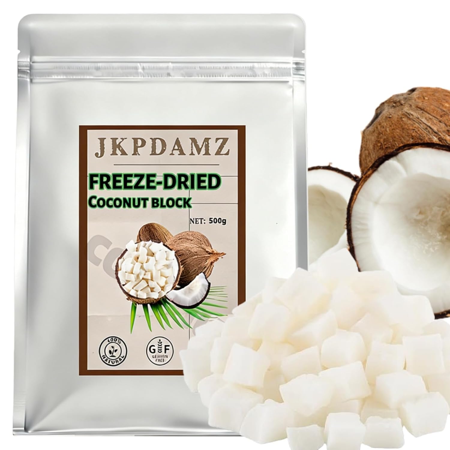 1.1 Ib Freeze-Dried Coconut Chunks, Unsweetened Dehydrated Coconut Flakes, 500g, Plant-Based Snack for Breakfast, Desserts, Smoothies