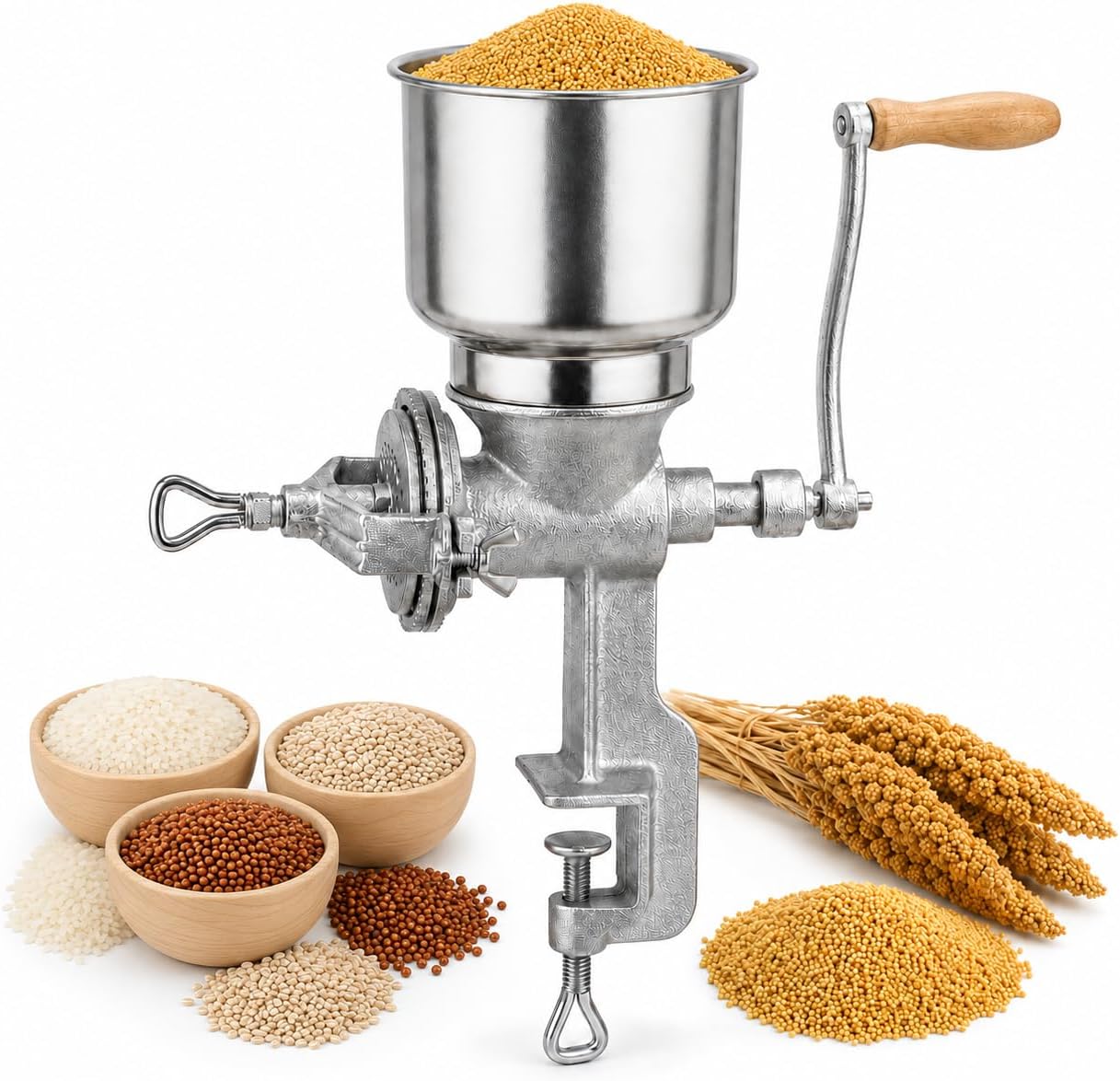 Manual Grain Mill Grinder, Hand Crank Corn Grinder with Large Hopper and Table Clamp, Heavy Duty Metal Wheat Grinder with Wooden Handle for Corn Wheat Oats Coffee Beans Nuts and Dry Grains