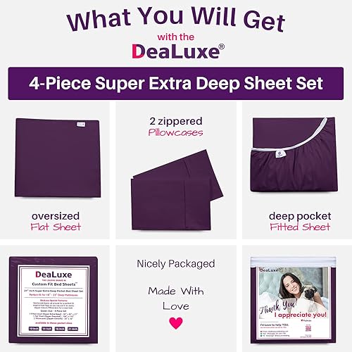 Miniatura 4 de Juego de almohadas y sábanas con esquinas de profundidad extra, para cama tamaño queen, 4 piezas de 21 pulgadas, sábana encimera de gran tamaño, de