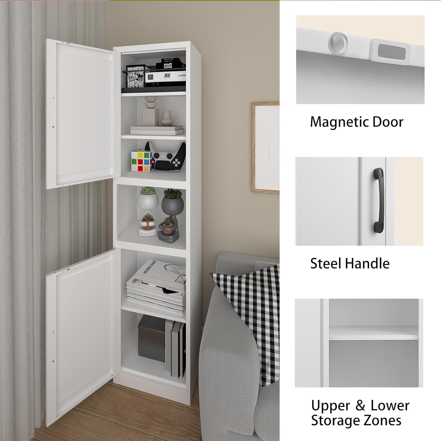 67" Tall Bathroom Storage Cabinet, Metal Narrow Storage Cabinet with 2 Doors & 6 Shelves, Slim Skinny Cabinet for Linen, Pantry, Kitchen, Living Room & Home Office, White (15.7" W)