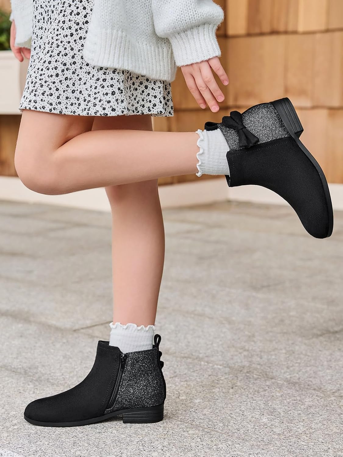 Coutgo Girls Bow Glitter Ankle Boots Side Zipper Low Heel Short Booties Dress Shoes