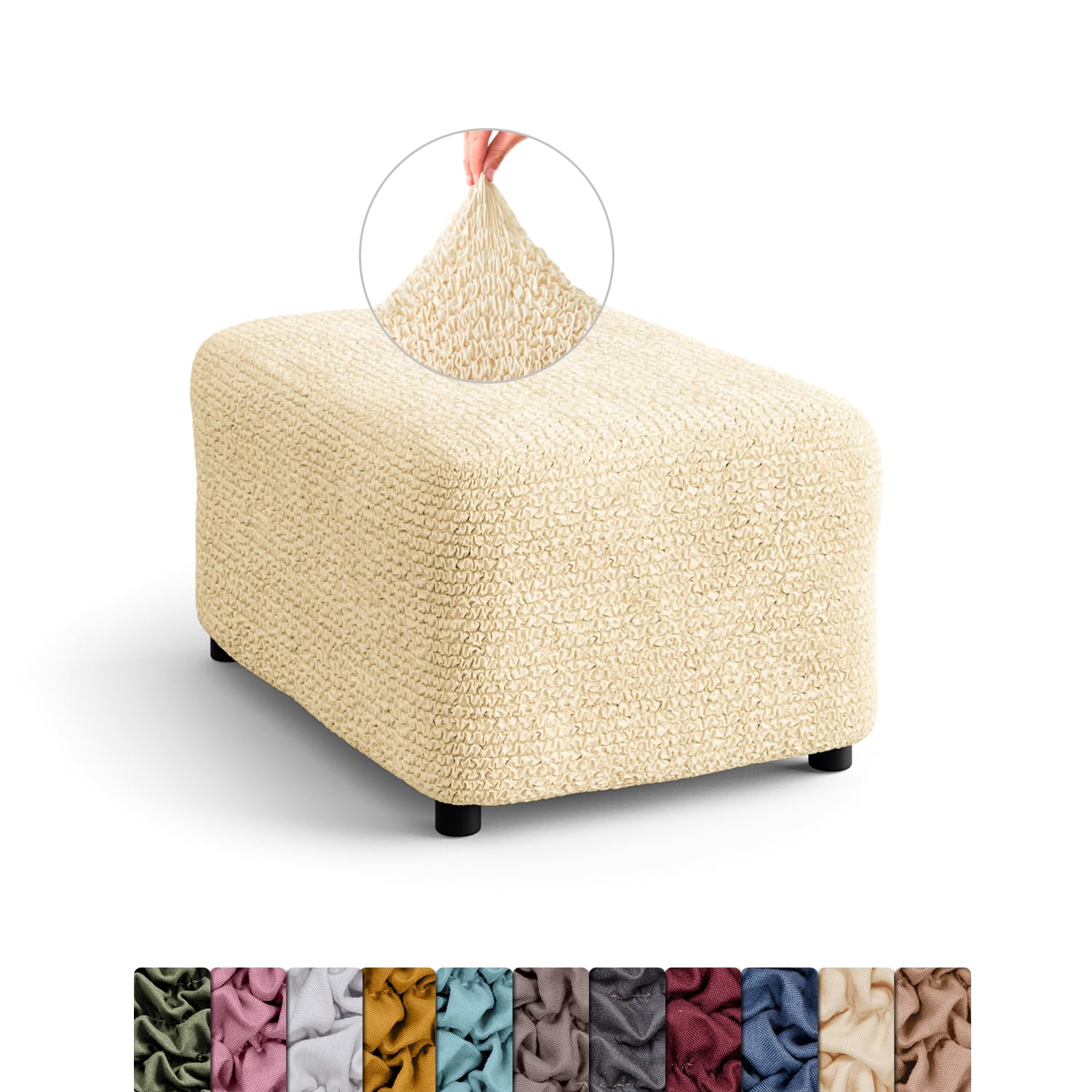 Menotti Footstool Ottoman Foot Rest Slip Cover for Sofa and Armchair Stretch Elastic Fabric Protector - Microfibra - Beige (Footstool)