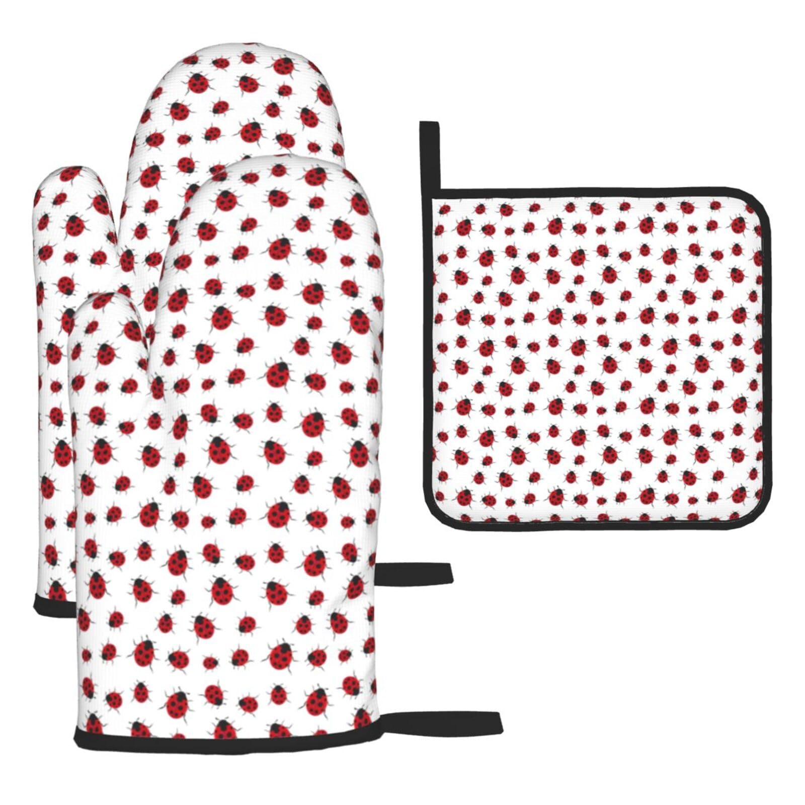 Ladybug Print Oven Kitchen Gloves For Baking Outdoor Grilling Home Use Mitts Microwaving Bbq