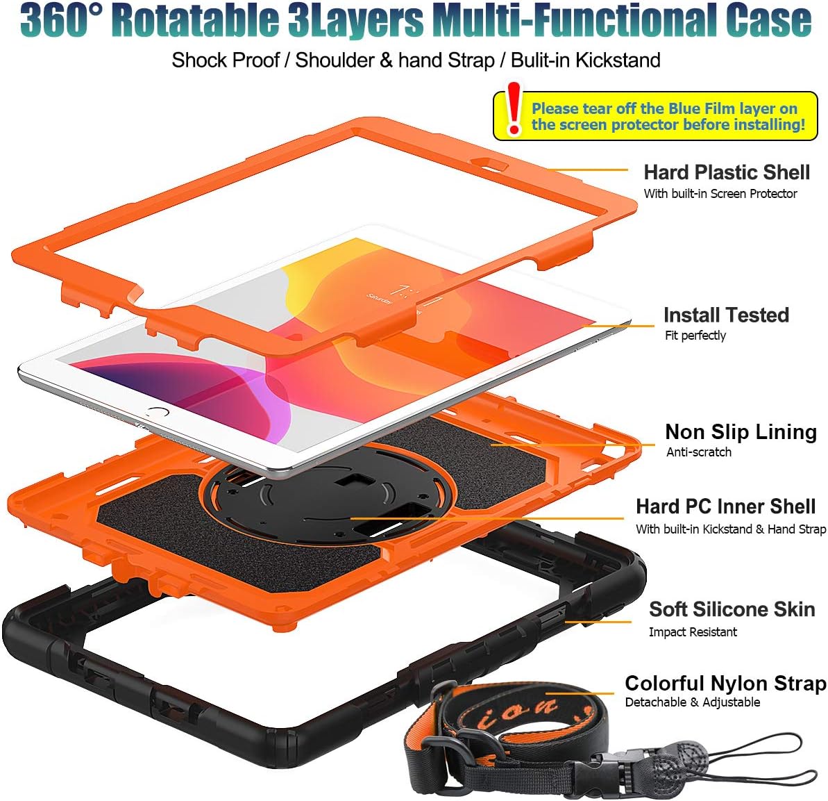 SEYMAC stock Case for iPad 8th/7th Generation ,iPad 10.2 Case [Full-body] Protective Case with [360 Degrees Rotating Stand] & Strap [Pencil Holder] for iPad 8th/7th Generation 2020/2019 (Orange+Black)