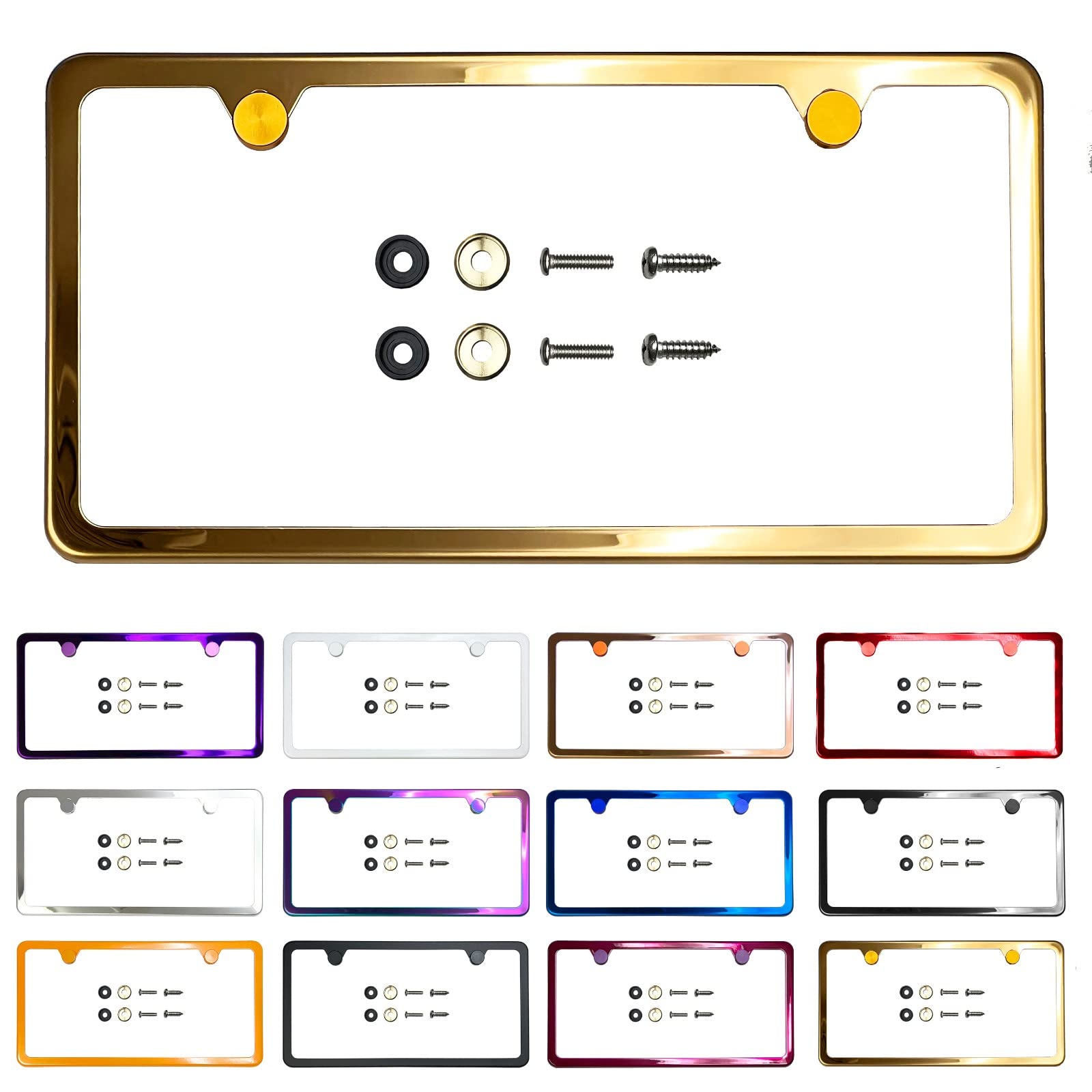 Two Holes Slim Version License Plate Frame Gold Mirror Chrome Electroplating Universal Fit Aluminum Screw On Cap Cover, T304 Stainless Steel, Rust