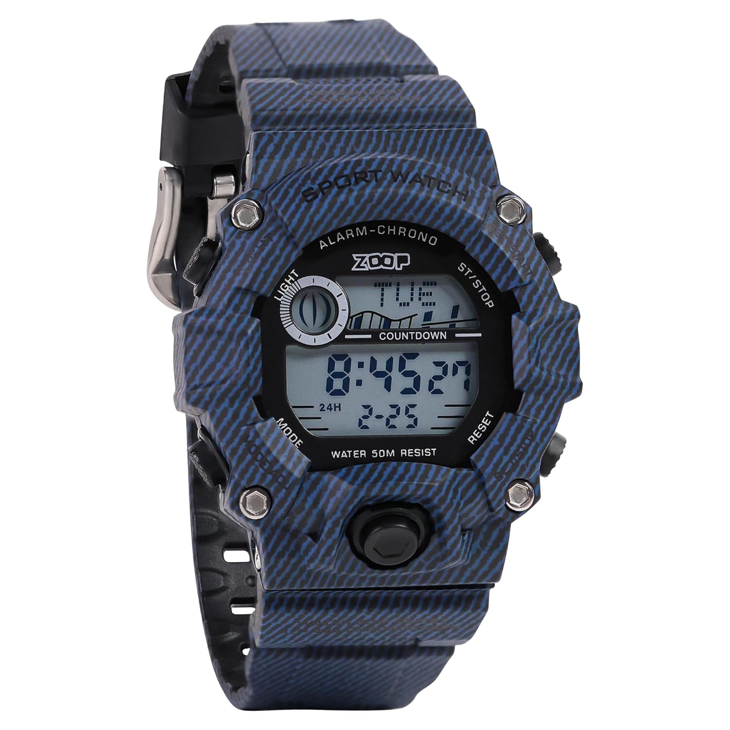 Front view of the Zoop Digital Watch 16051PP06, showing the digital display, buttons, and blue striped strap.