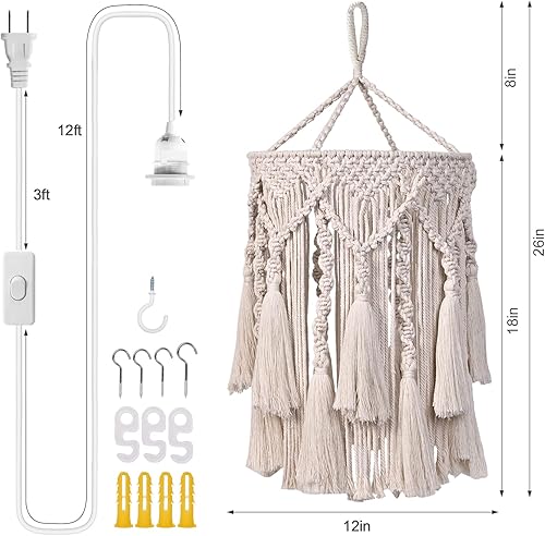 Miniatura 6 de Lámpara colgante bohemia, pantalla bohemia con lámpara colgante enchufable para dormitorio, luz colgante de macramé con cable enchufable para sala