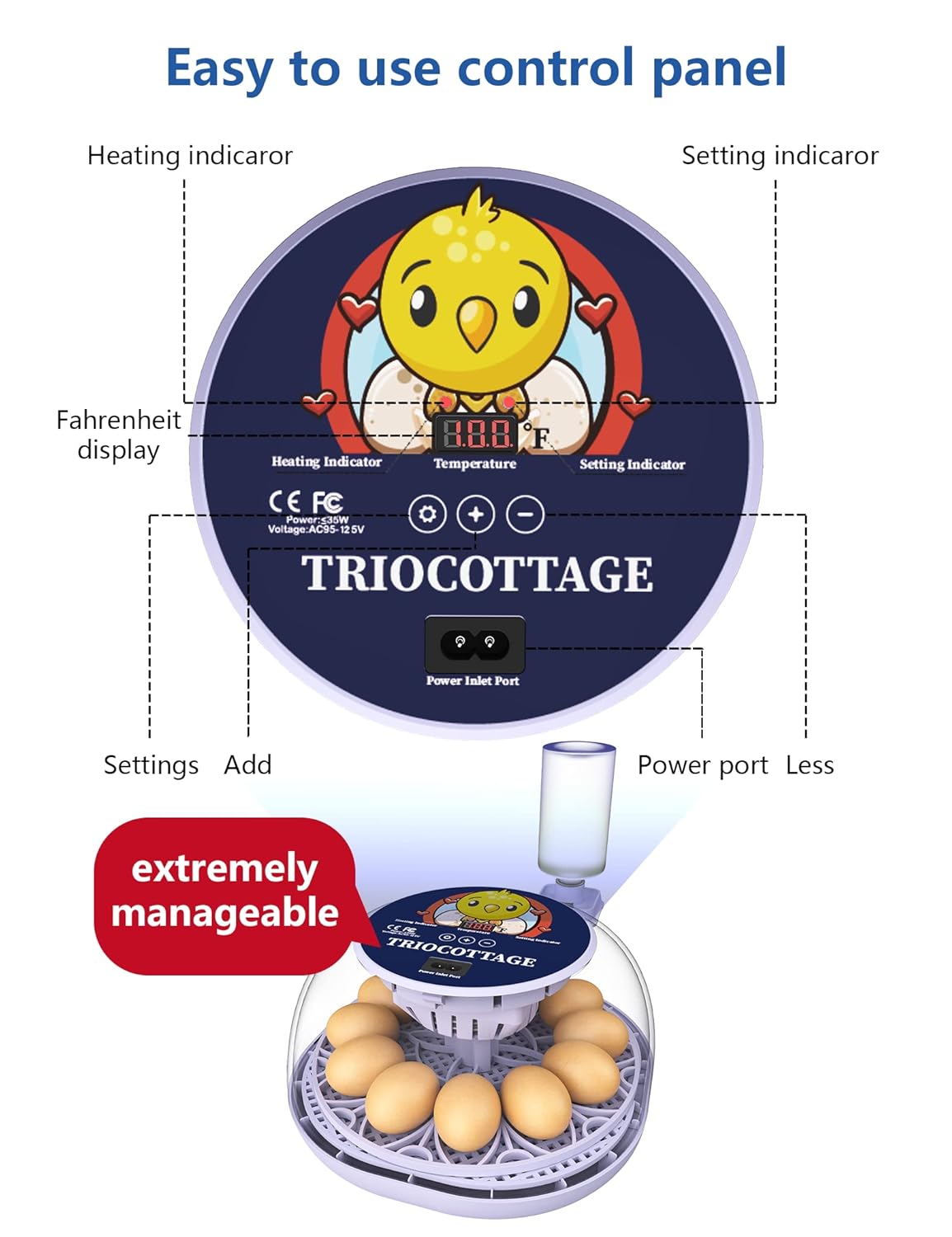 Control panel of the TRIOCOTTAGE incubator showing temperature display, heating indicator, setting indicator, and power inlet