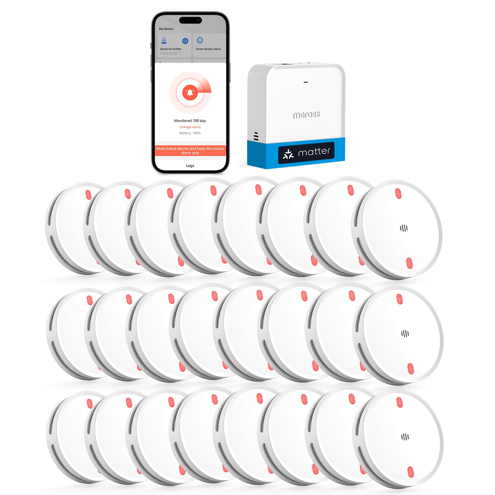 Meross Smart Rauchmelder Vernetzter 24er Set mit MSH450 Hub | WLAN Matter Funkrauchmelder mit App-Alarm, Alexa, Apple Home, Home Assistant, rotes LED Fluchtlicht, EN14604-konform
