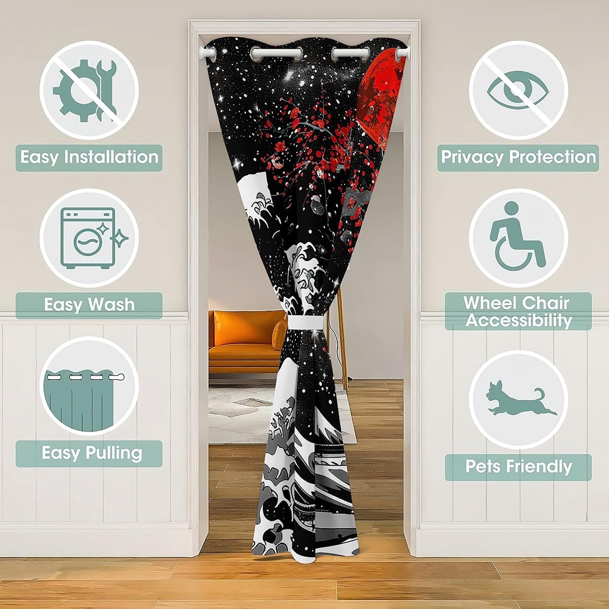 Feelyou Japanese Wave Doorway Curtain Privacy 1 Panel, 59"x80" Cherry Blossoms Blackout Insulated Thermal Curtain Japanese Style Home Decor Door Cover Curtain Red Sun Japanese Ukiyoe Window Treatments