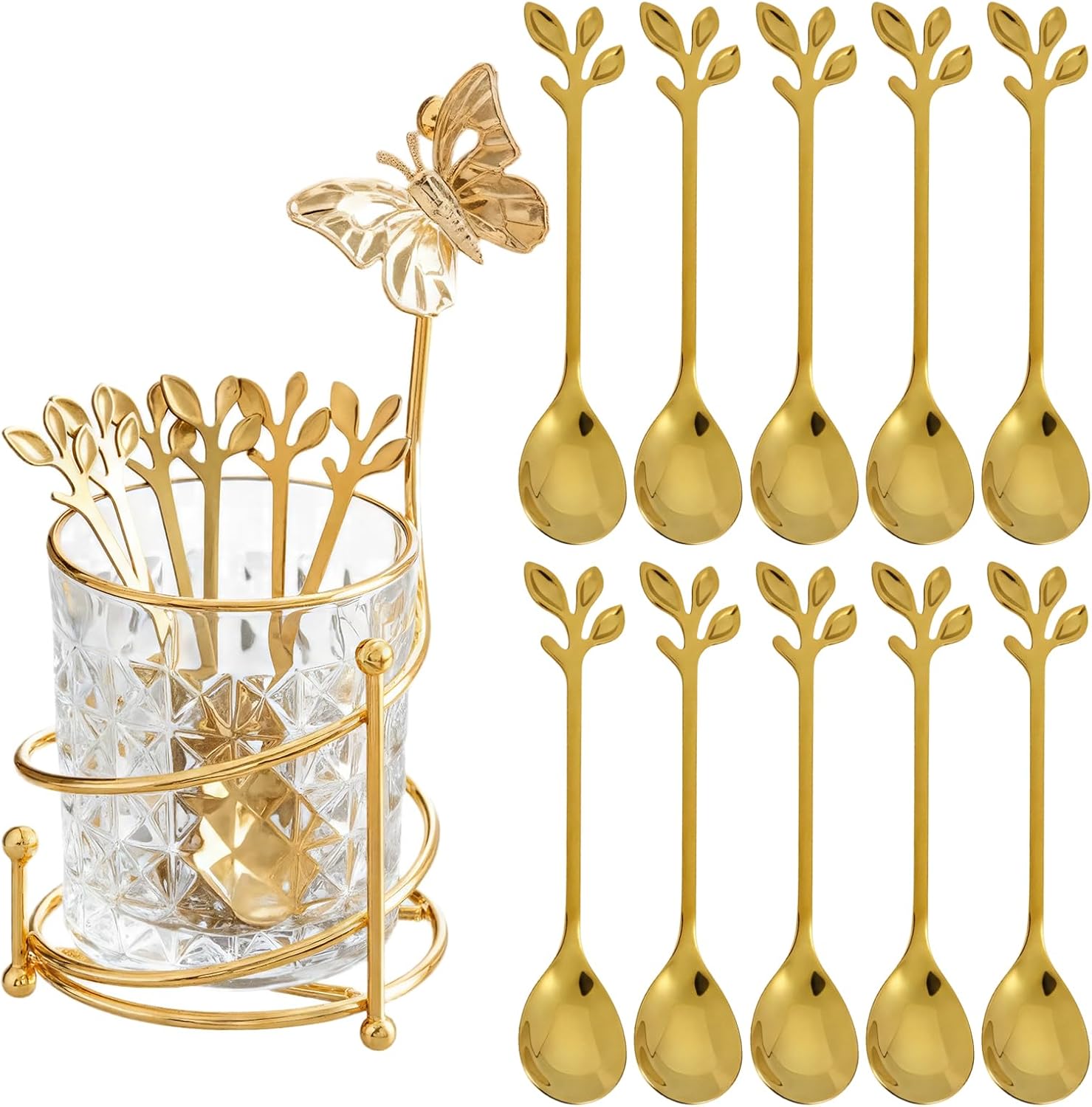 10PCS Coffee Dessert Spoons Set with Glass Holder,Small Stainless Steel Gold Leaf Tea Spoon, Mini Dessert Spoons Set for Fruit,Stirring, Mixing, Sugar, Ice Cream, Cake
