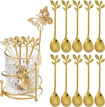 10PCS Coffee Dessert Spoons Set with Glass Holder,Small Stainless Steel Gold Leaf Tea Spoon, Mini Dessert Spoons Set for Fruit,Stirring, Mixing, Sugar, Ice Cream, Cake