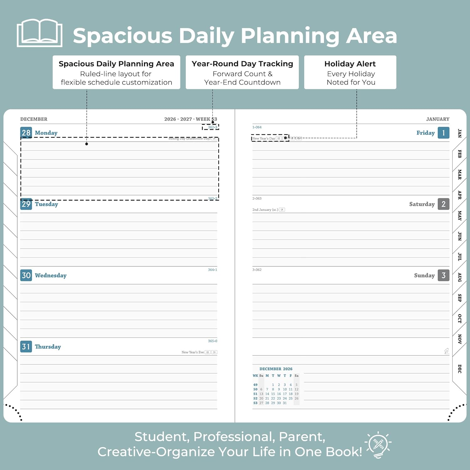 Weekly Monthly 2026-2027 Planner (July 26-Dec 27),8.5"x6.5",18 Months Agenda Plan with Month Tabs & Pocket,Expenses/Note Pages, Academic Calendar with Vegan Leather Cover,Dusty Blue