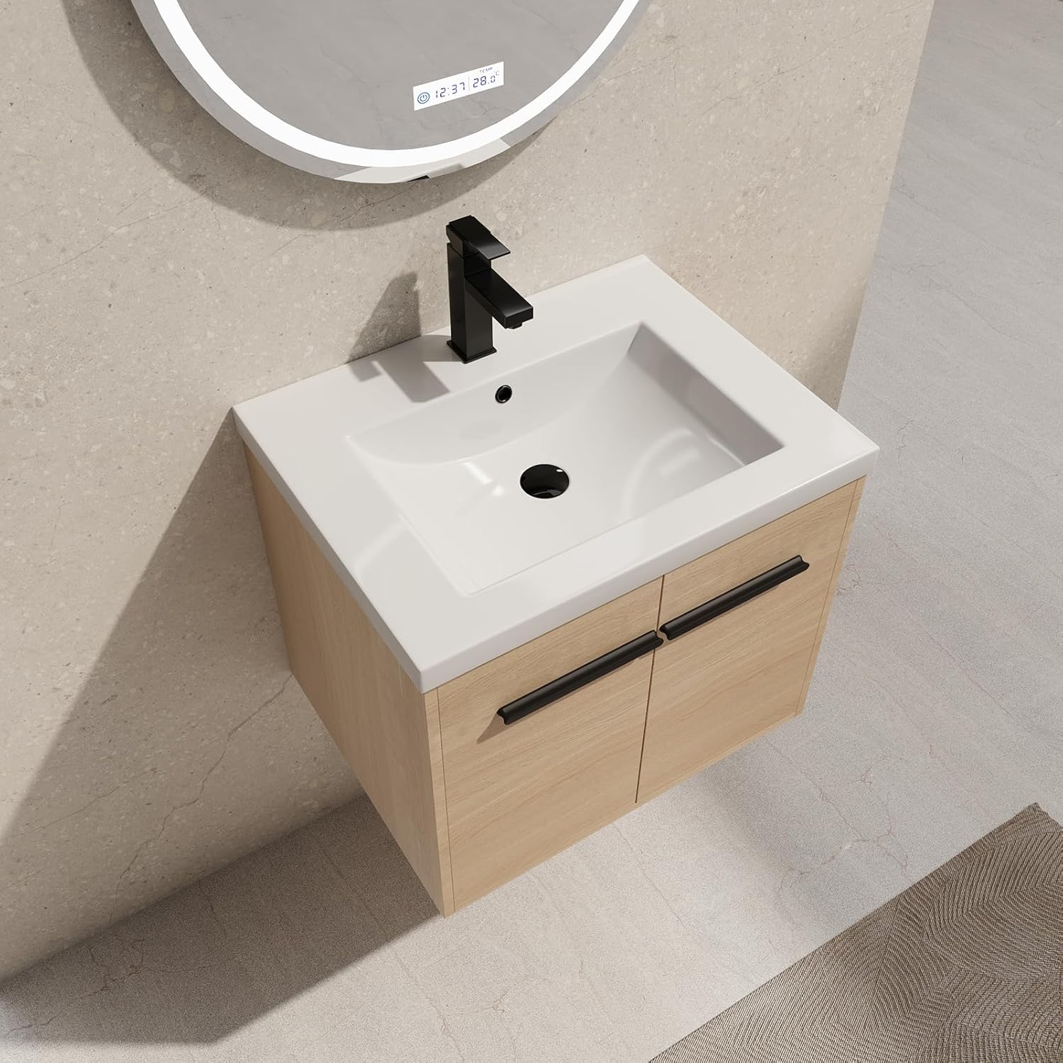24" Floating Bathroom Vanity With Sink, Modern Wall Mounted Cabinet With Undermount Resin Sink, Single Small Vanity, Storage W/ 2 Doors and Shelf, Soft-Close, Oak