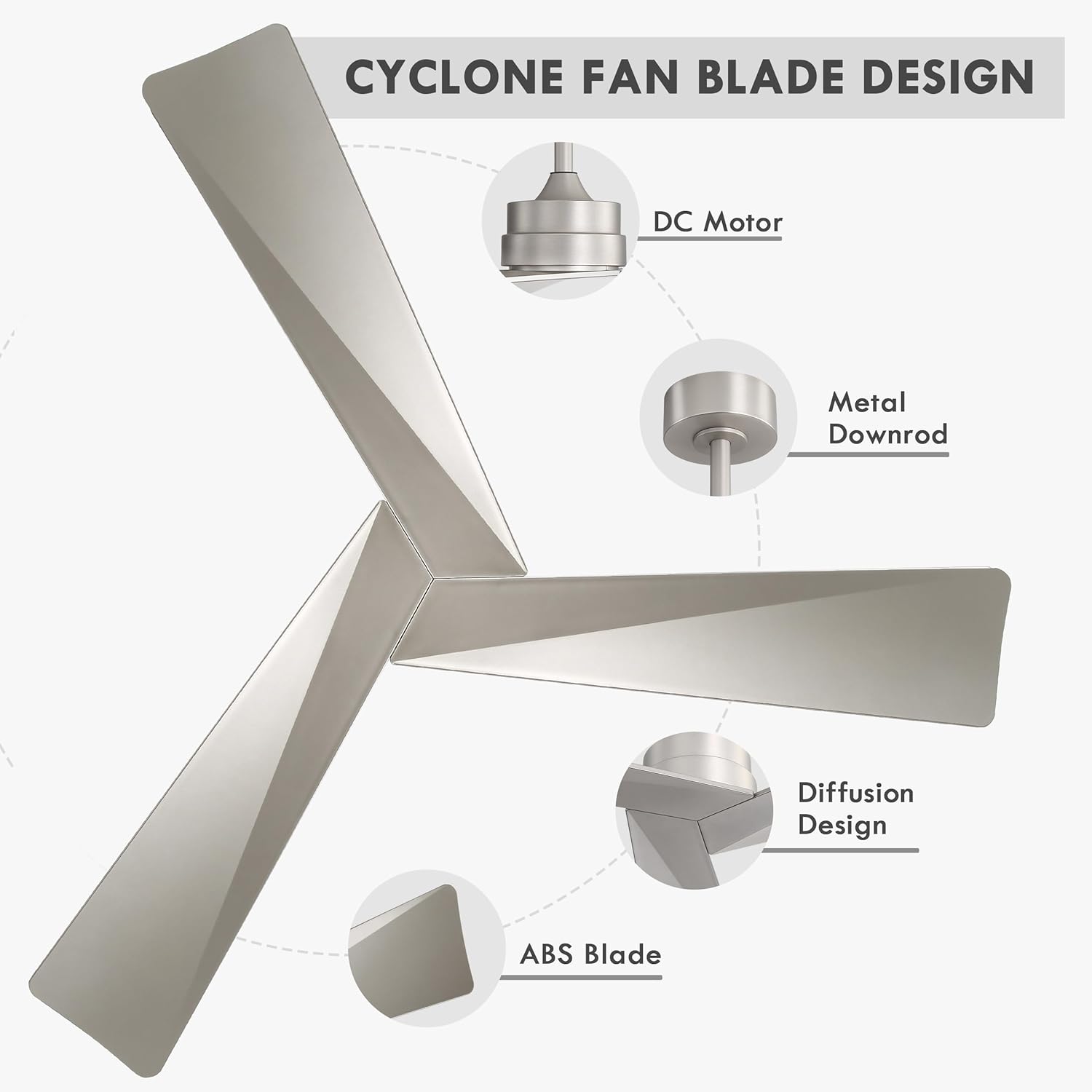 WINGBO 52" DC Ceiling Fan without Lights, Bruhsed Nickel Ceiling Fan with Remote, 3 ABS Plastic Blades, 6 Speed Reversible DC Motor, Ceiling Fans No Light for Kitchen Bedroom Living Room