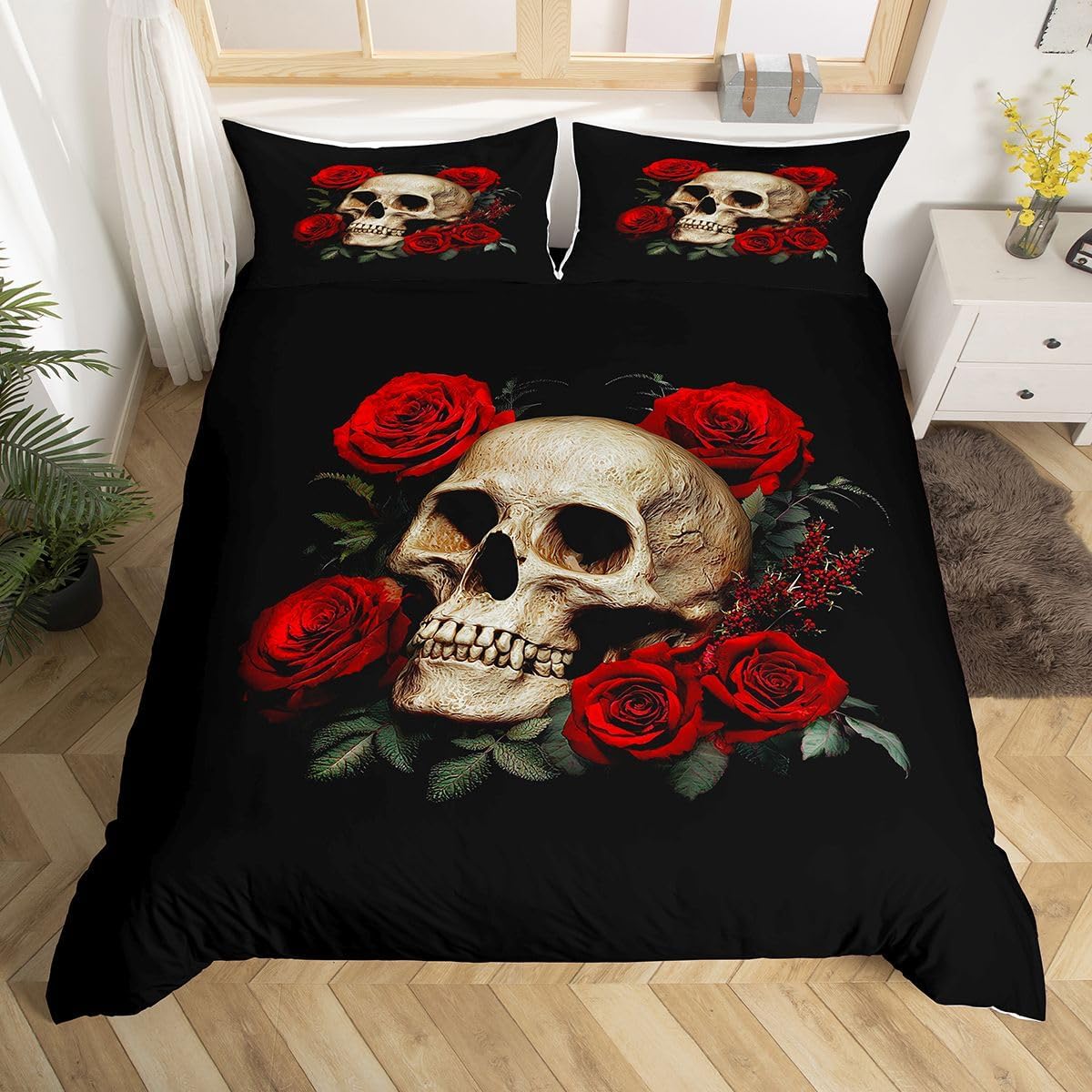 feelyou Skull Duvet Cover Set Full Size Rose Skull Pattern Bedding Set Bones Skeleton Print Microfiber Comforter Cover with 2 Pillow Shams, Horror Bed Cover Soft Breathable Zipper 3 Pieces, Red Black