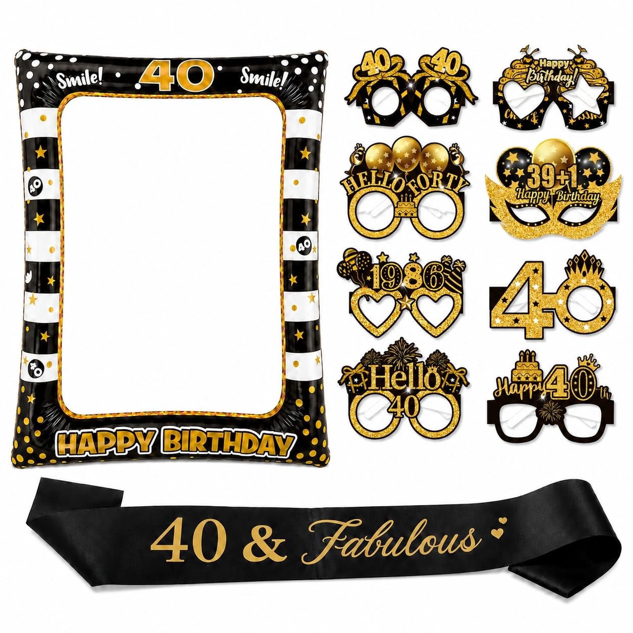 AIBAOBAO 40th Birthday Photo Booth Props Set, Giant Black Gold Inflatable Selfie Frame with 8 Funny Paper Glasses and Celebration Sash, 40th Party Decorations for Men and Women, Cheers to 40 Years