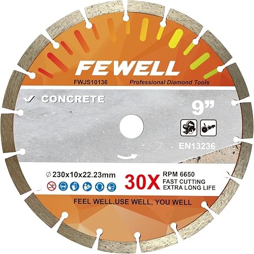 FEWELL 9 Inch Diamond Blade, Concrete Cutting Blade (1 Pack) | Segmented Concrete Saw Blade Dry/Wet Cutting Concrete, Masonry, Brick, Block, Stone
