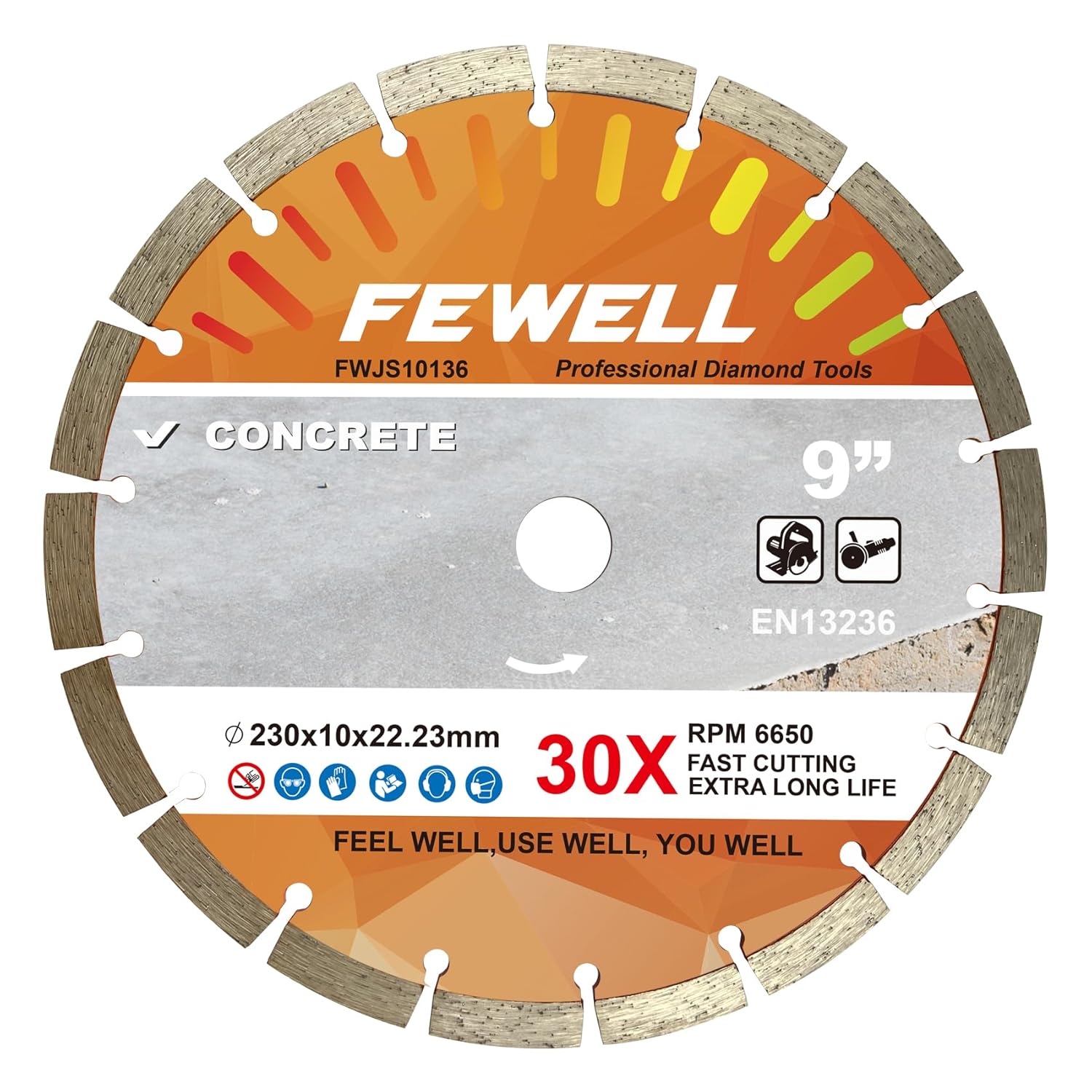 FEWELL 9 Inch Segmented Diamond Blade for Concrete, Brick, Masonry - Dry/Wet Cutting, 7/8" Arbor, Long-Lasting Performance