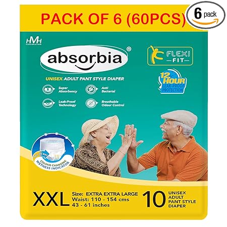 absorbia Ultra Thin Adult Diaper Pant XXL Size | Waist Size 110-154 CM (43-61 incs) Size-XXL 60 Pant Diapers