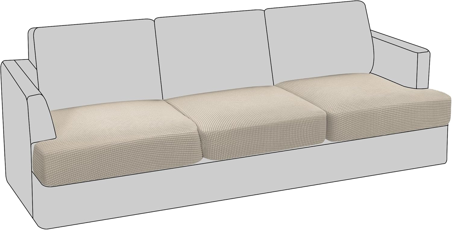PrinceDeco Stretch T Cushion Sofa Slipcovers Jacquard 3 Piece Sofa Cushion Covers for 3 Cushion Couch Sofa Seat Cushion Covers with Elastic Bottom for Kids,Dog,Small Checked Pattern,Gray