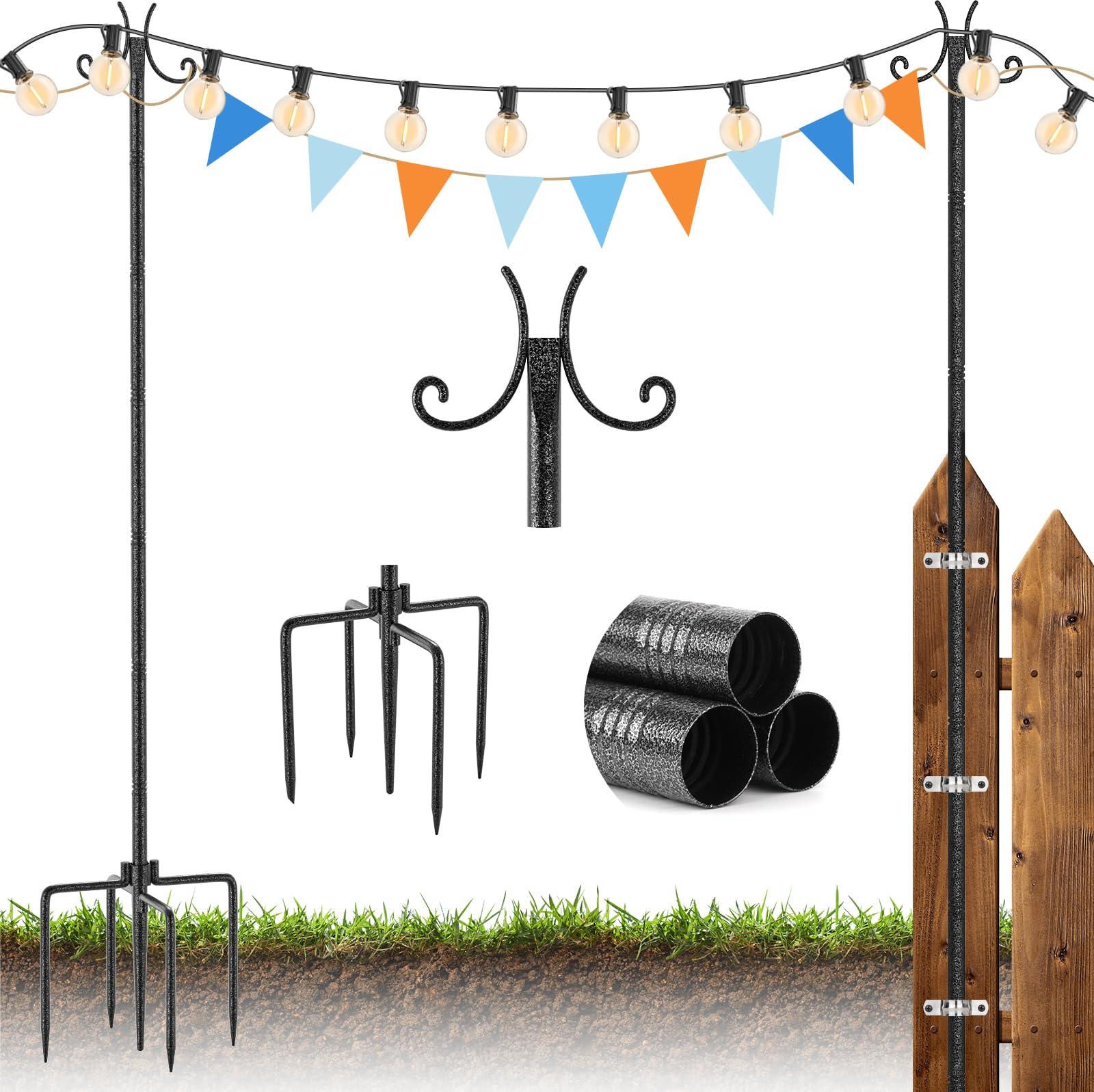 StarryEver 2 Pack Outdoor String Light Poles, 3M/10FT Adjustable Height Metal Lights Hanging Pole with 2 Hooks and Rustproof, for Patio Garden Deck Backyard Lawn Sunshade and Decor