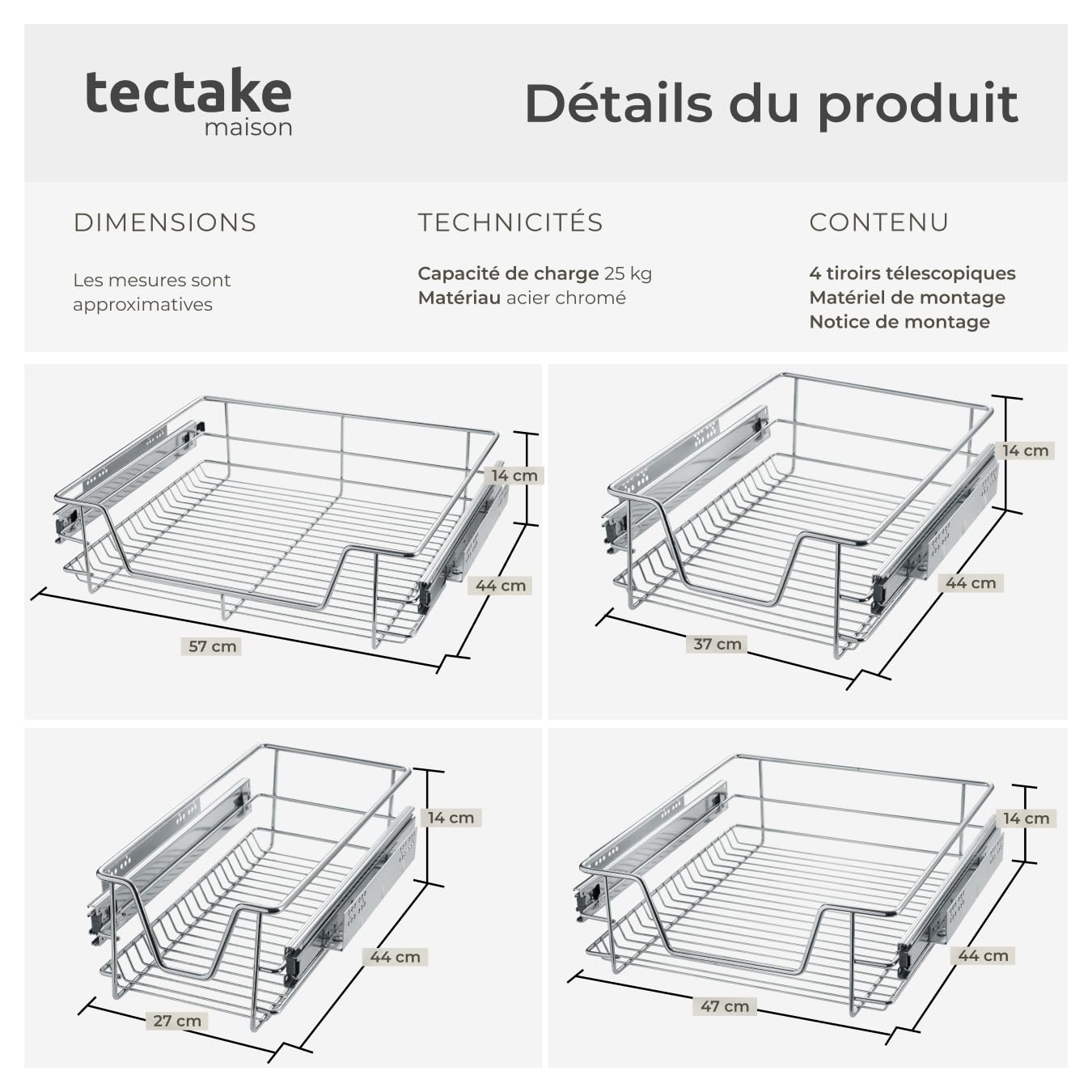 tectake® Lot de 4 Tiroir coulissant Cuisine, 30 cm, Organisateur placard, Tiroirs/Paniers télescopiques en acier, Rangement Cuisine, Dressing, Chambre, Garde manger, Bureau, Rangement sous evier