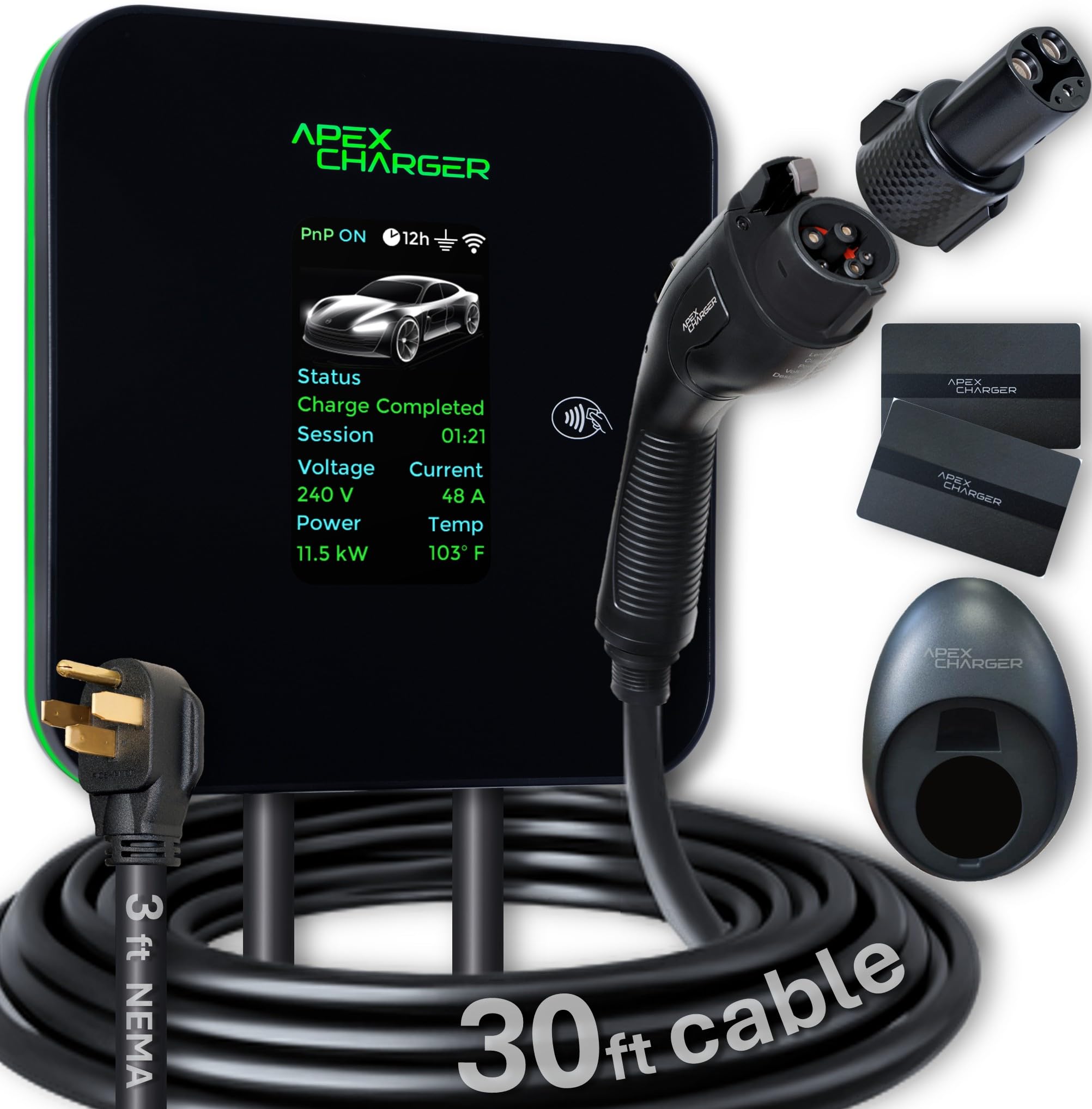 MACH 2:Fast Level 2 EV Charger 48 amp Garage-pro Wall-Mount. Electric Vehicle Charging Station 4 Nema 14-50 Outlet. J1772 car Connector. Key Accessories: 30ft Cable & Tesla NACS evse Portable Adapter