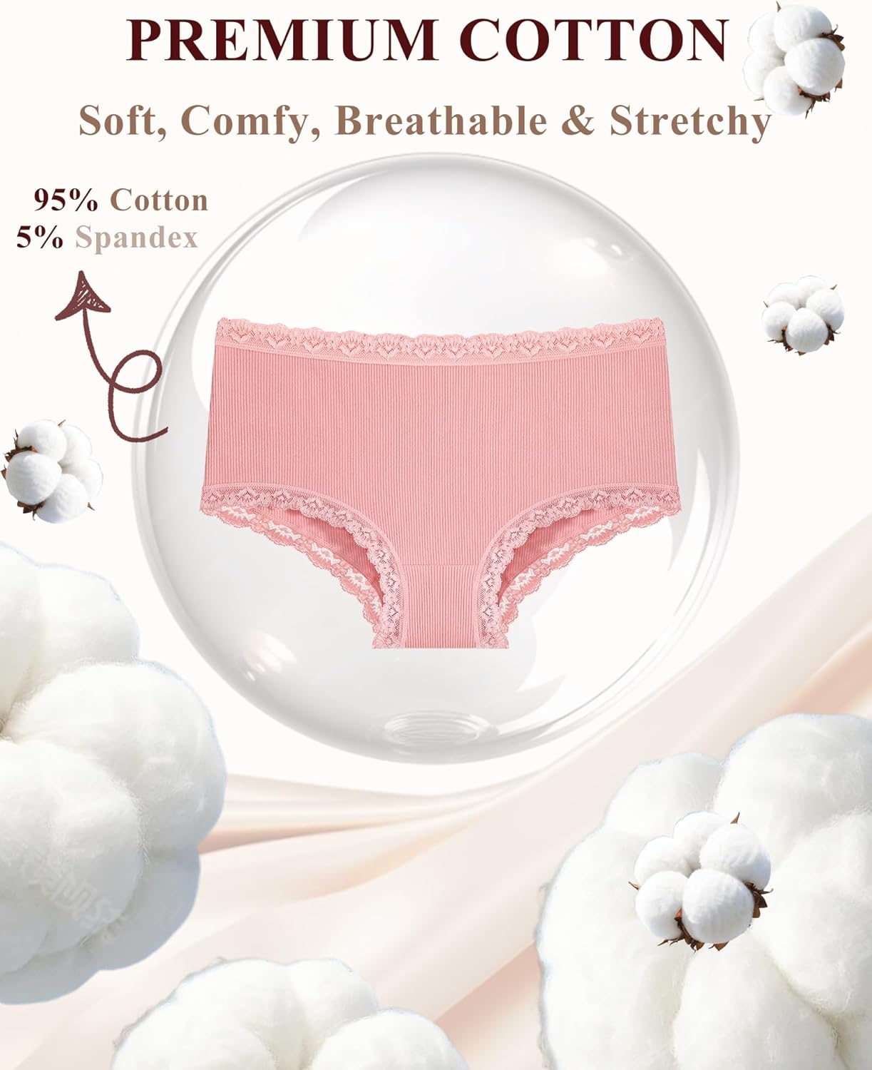 FINETOO Cotton Underwear for Women Sexy Boy Shorts Breathable Cheeky Lace Trim Panties Womens Underwear 6 Pack - Image 7