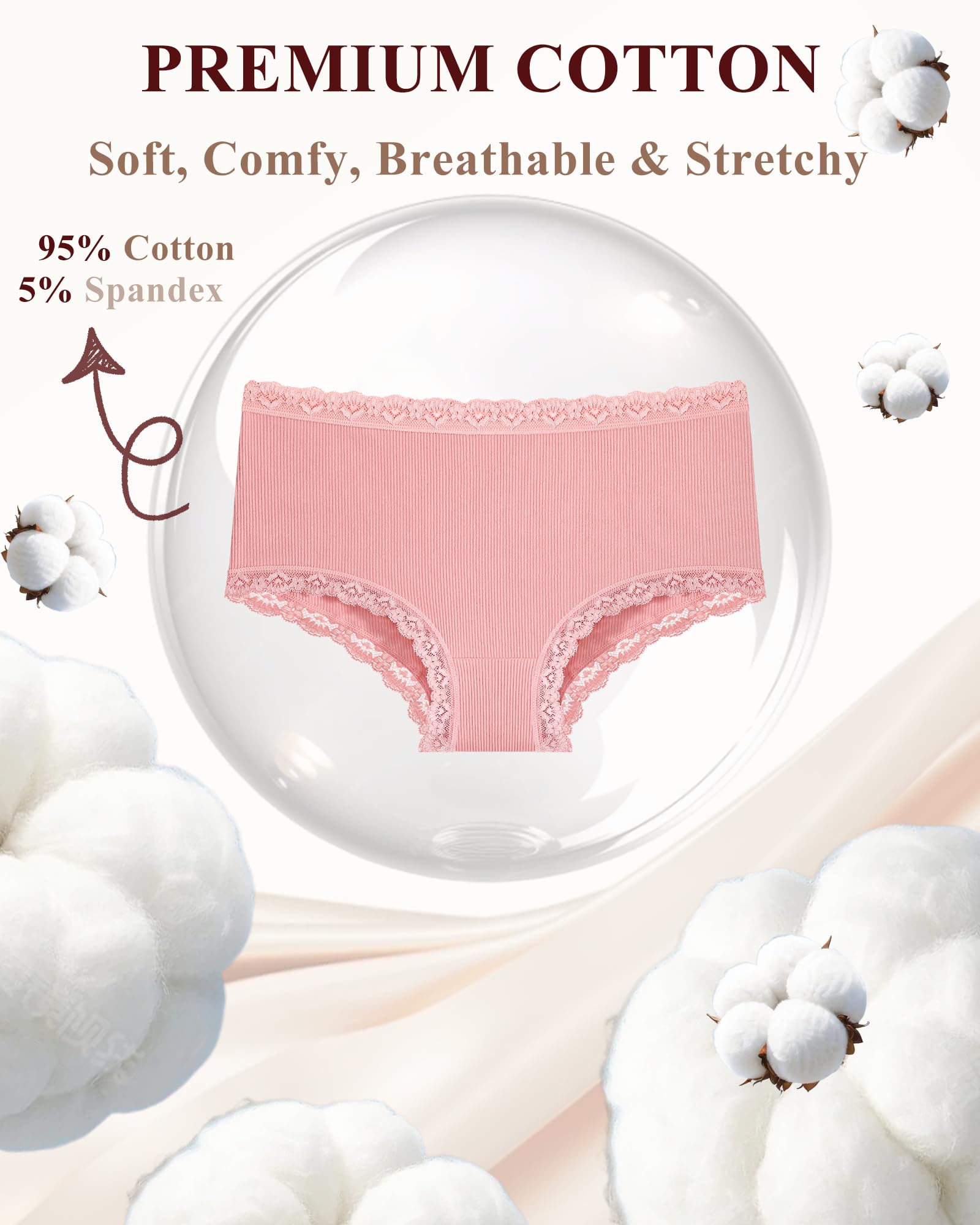 FINETOO Cotton Underwear for Women Sexy Boy Shorts Breathable Cheeky Lace Trim Panties Womens Underwear 6 Pack: Black+white+skin Tone+pink+gray+brick Yellow Small