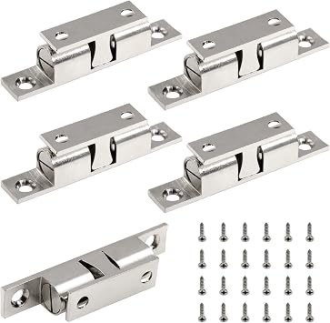 Jiozermi 5pcs 2.75"/70mm Double Ball Tension Roller Catch Latch | Solid Brass, Chromium Plated, With Screws, For Cabinet, Closet & Furniture Door
