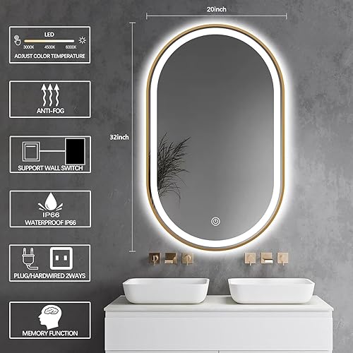 Miniatura 58 de Espejo de baño LED ovalado de 32 x 20 pulgadas con luces, espejo de tocador negro con luz antiniebla montado en la pared, espejo ovalado LED