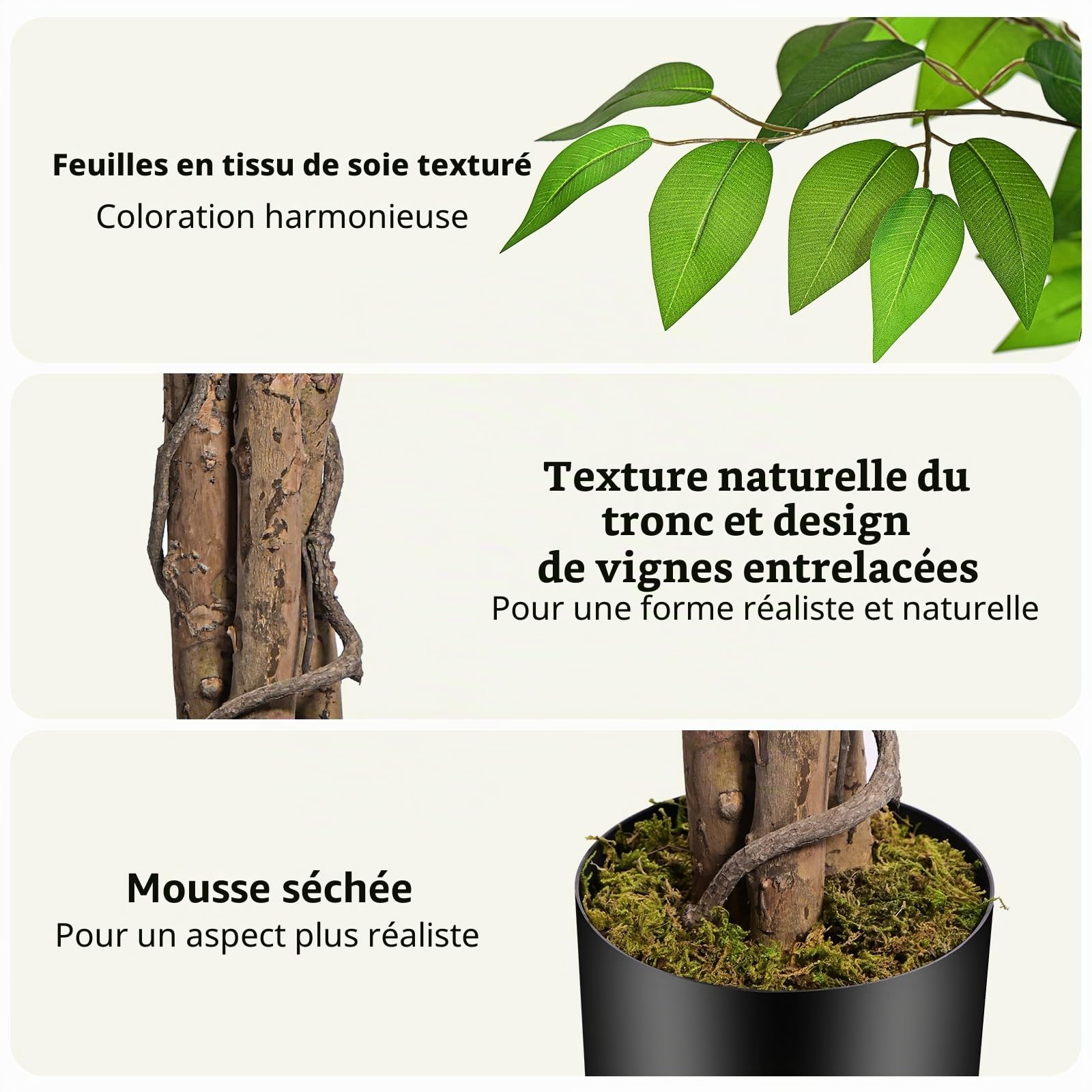 Plantes Artificielles Ficus 90cm Haute avec Tronc en Bois Naturel, Arbre Artificiel avec 420 Feuilles, Artificielle Interieur pour Salon, Chambre Décoration