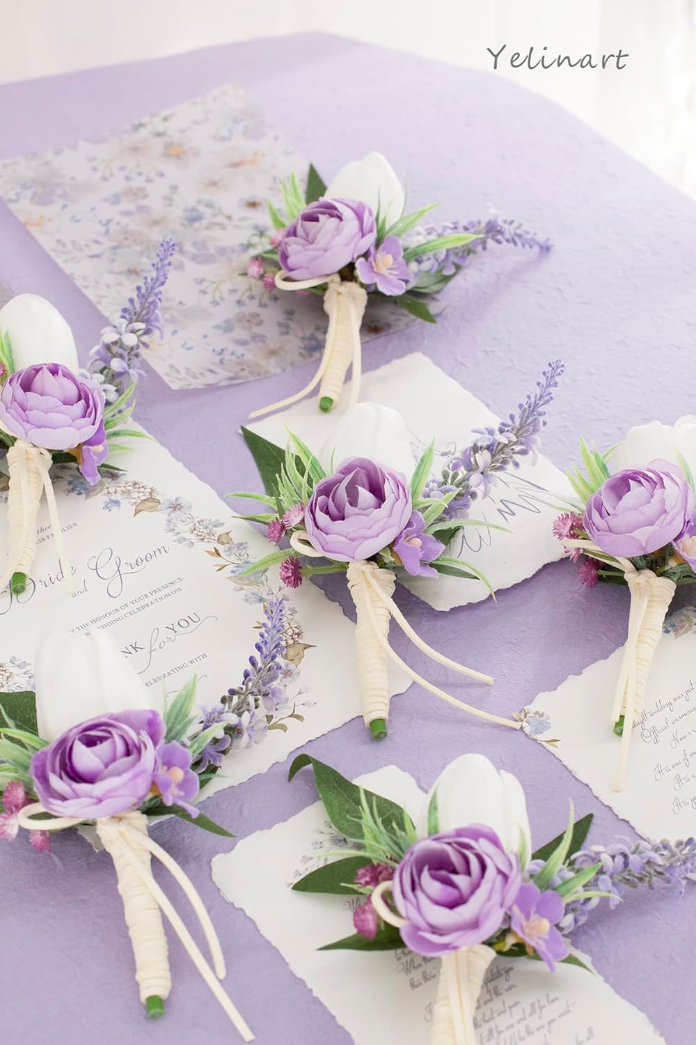 Set of 6 Lilac Purple & White Boutonniere for Men Wedding Groom Groomsmen Artificial Tulip Lavender Rose Flowers Boutonniere for Prom Homecoming Ceremony Anniversary Formal Dinner Party