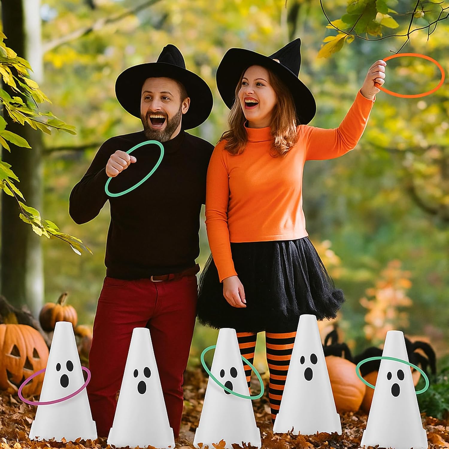 12 Set Halloween Ghost Ring Toss 9 Inch Spooky Plastic Traffic Cones and 24 Pcs Toss Rings for Outdoor Activities Carnival Adult Birthday Party Favors
