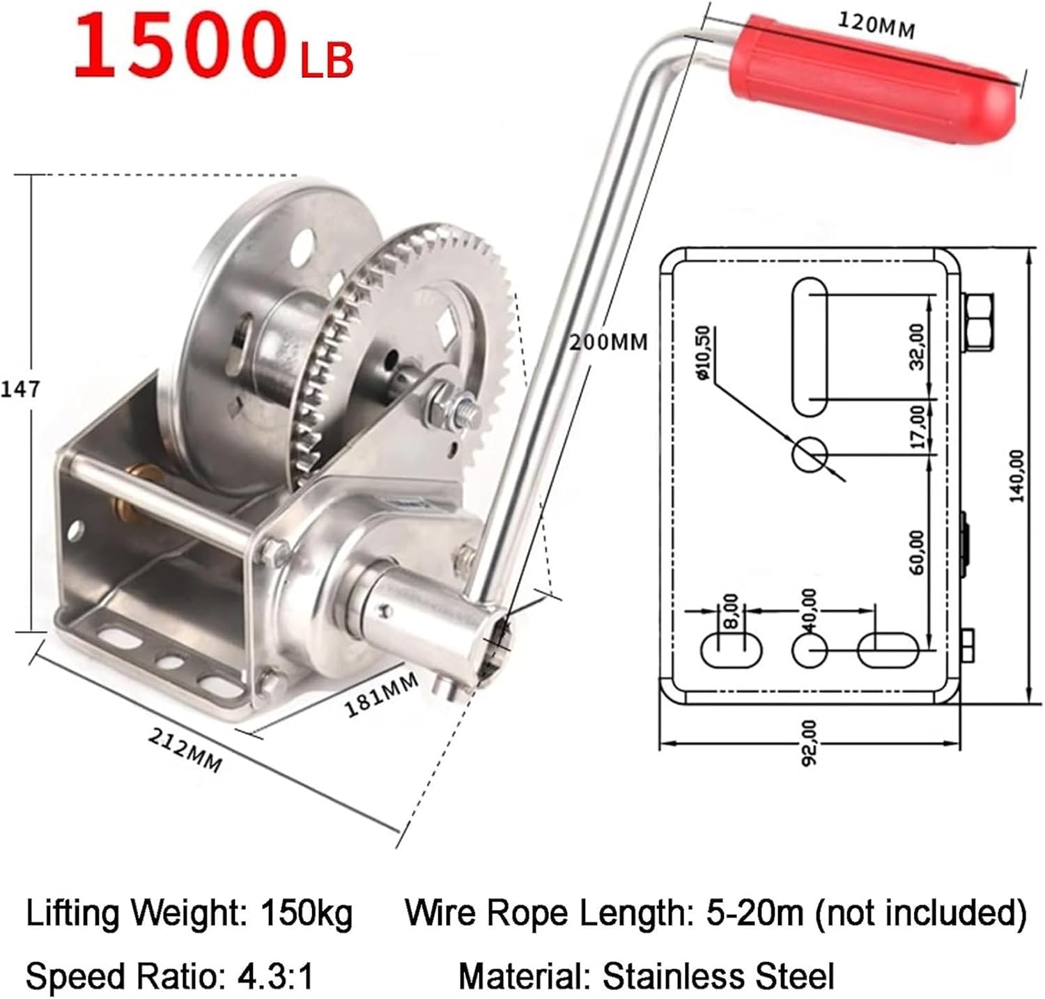 Hand Winch Heavy Duty Two-Way Ratchet 1500 Lbs Capacity Manual Stainless Steel Ideal for Trailer Boat No Rope Included