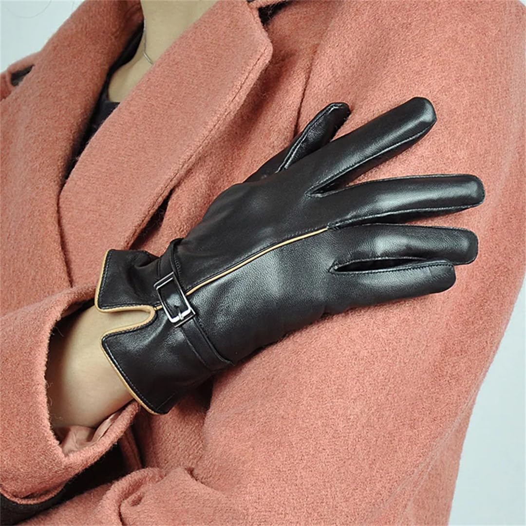 Guantes de cuero de invierno para mujer, piel de oveja cálida, color sólido, guantes de fiesta para mujer