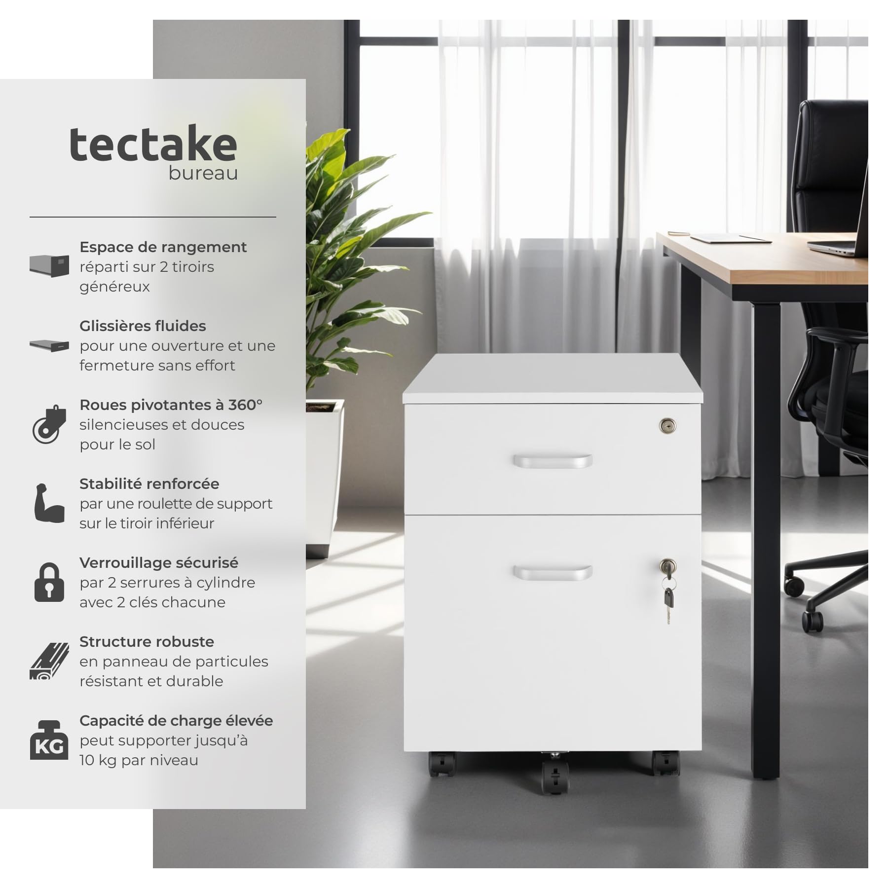 tectake® Caisson Bureau Meuble de Rangement Industriel 40x44x54,5 cm Verrouillable Meuble tiroir Rangement Bureau avec 2 Tiroirs pour Range Document Support imprimante Organisation