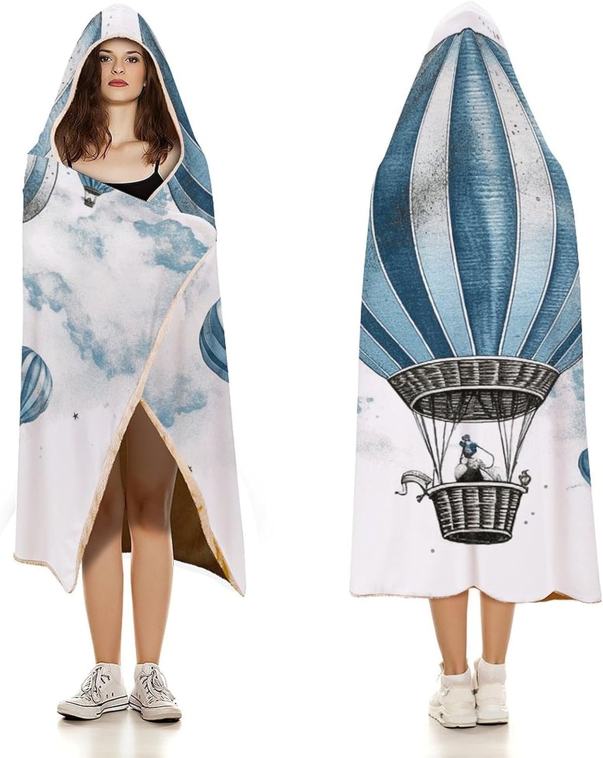 Blue Hot Air Balloon Wearable Hooded Blanket, Ultra Soft Arctic Velvet Cape Cloak Unisex - Cozy Wearable Blanket
