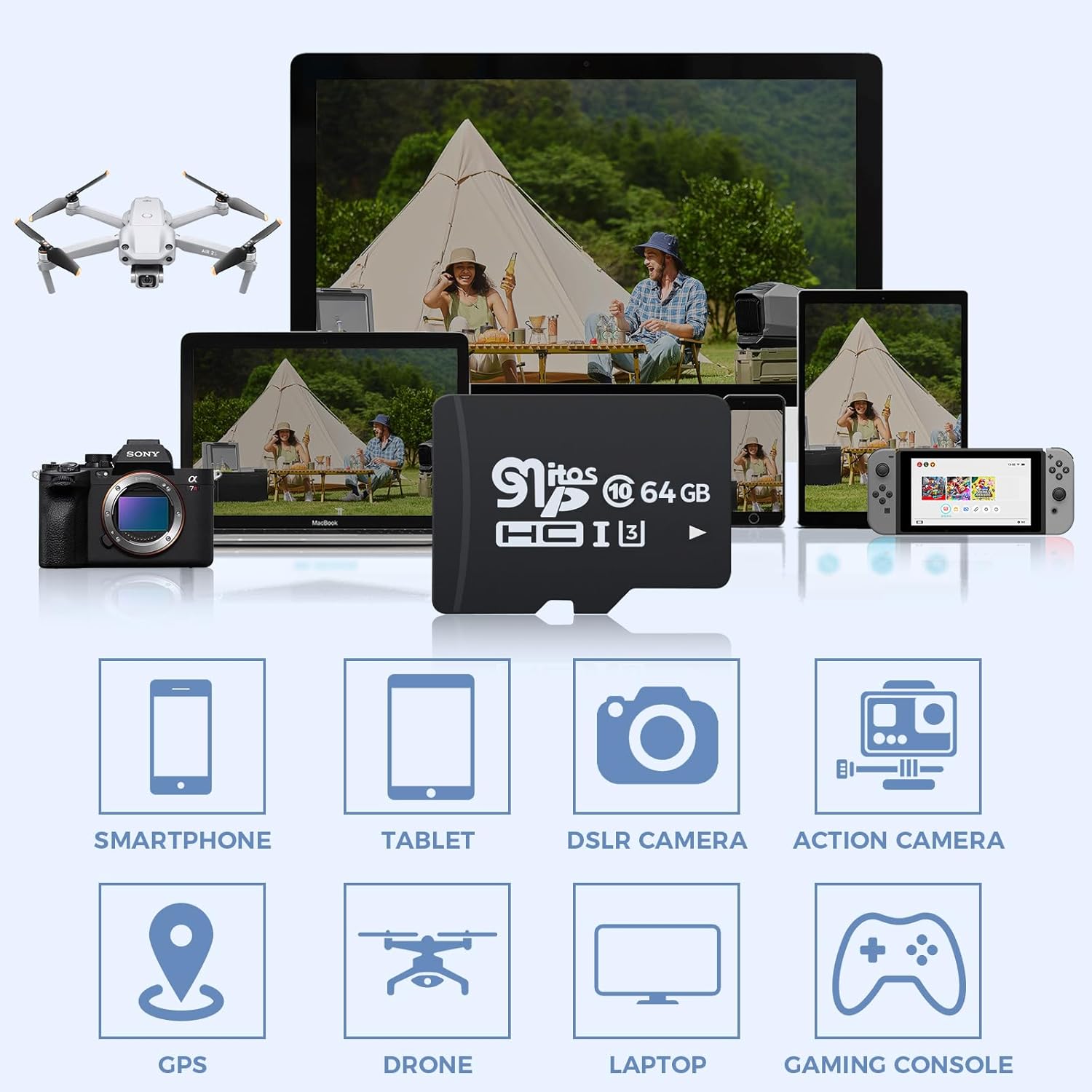 Hand inserting a microSD card into the camera with text 'Local or Cloud? You're the Boss!'