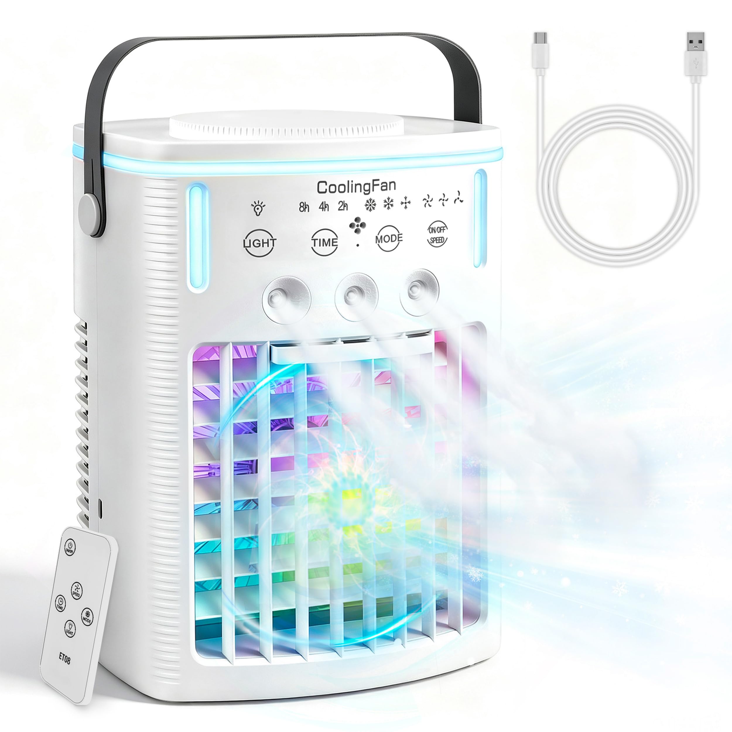 4 IN1 Portable Air Cooler with Remote, 1000Ml Mini Air Conditioning Fan,Quiet 3 Wind Speeds & 3 Cool Mist, 2-8H Timer &7-Color LED Light,Personal Air Conditioner Fan for Home, Office,Bedroom,Travel.