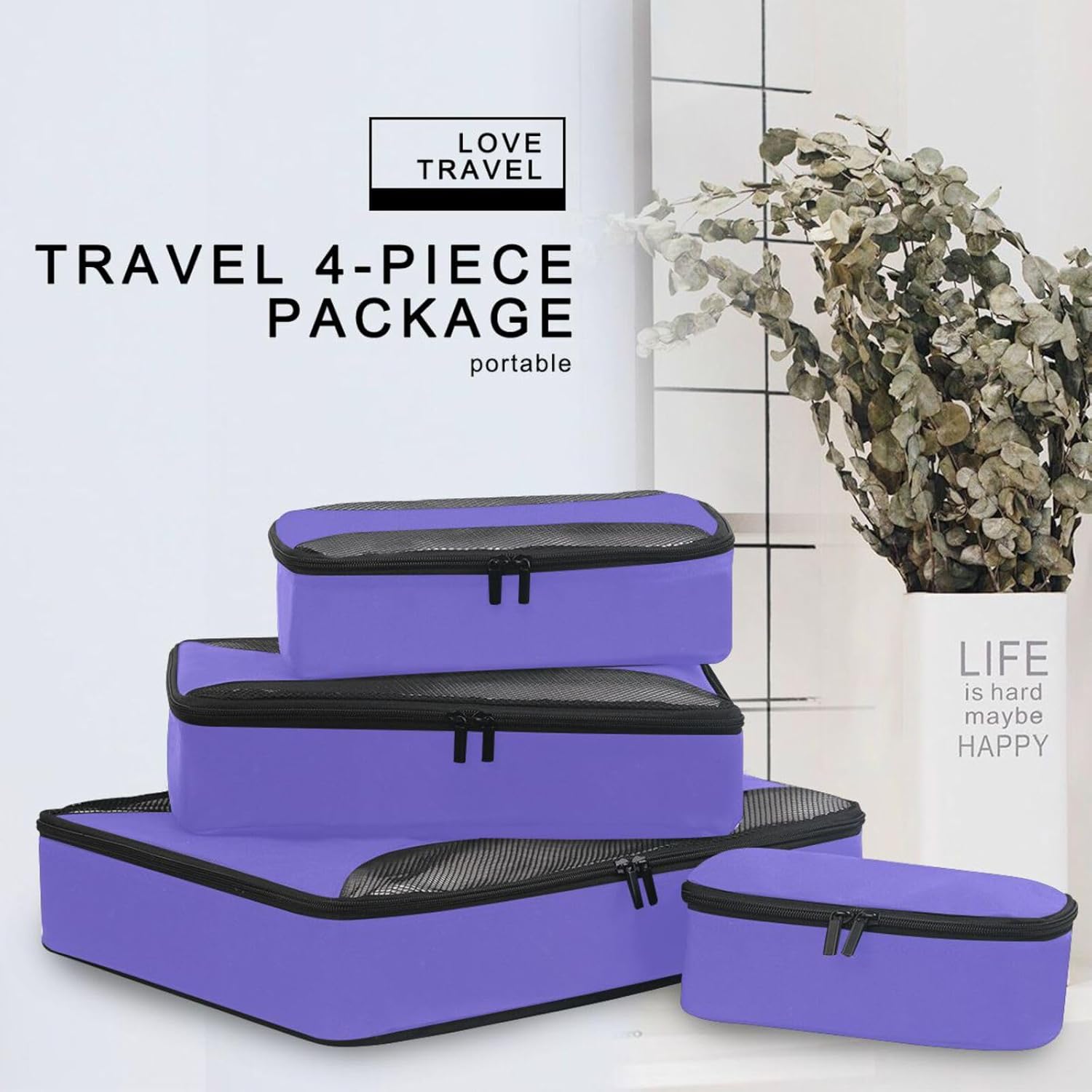 Slate Blue Solid Color Pure Plain Purple 4 Pcs set organizer bags set Mesh Travel Essentials expandable cubes for packing