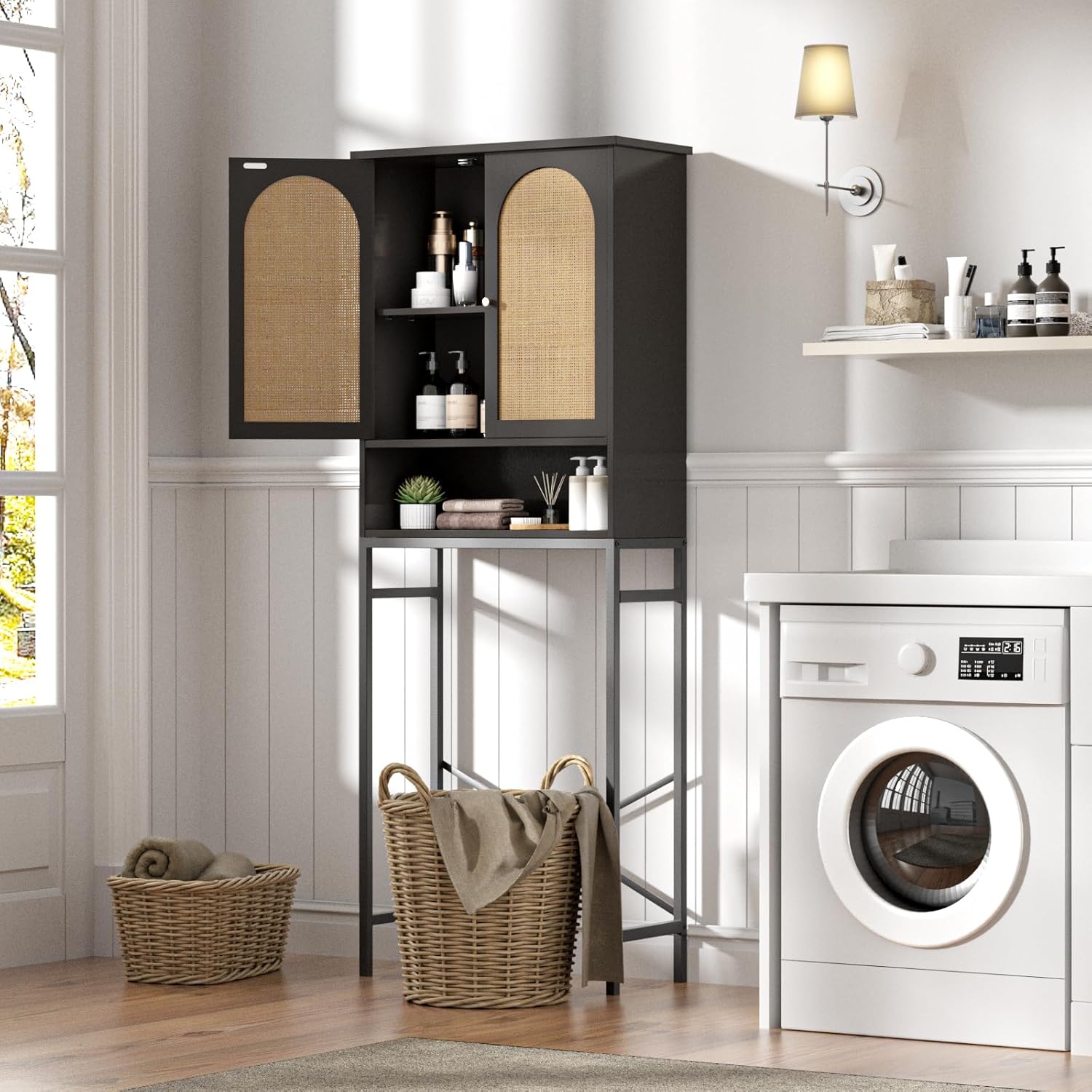 FiveWillowise Rattan Toilet Storage Cabinet, Over The Rack Wood Cabinet with Metal Stand, Bathroom Organizer with Adjustable Shelf, Tall Freestanding Washer Shelf, Small Cupboard, Black
