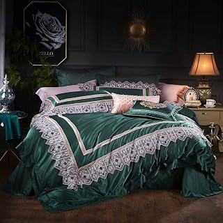 Bedding Sets 4 Piece,Luxury Solid Color Silk Cotton Lace Embroidery Bedding Home Textiles Smooth Anti-wrinkle (Color : B, Size : Queen) (B Queen)